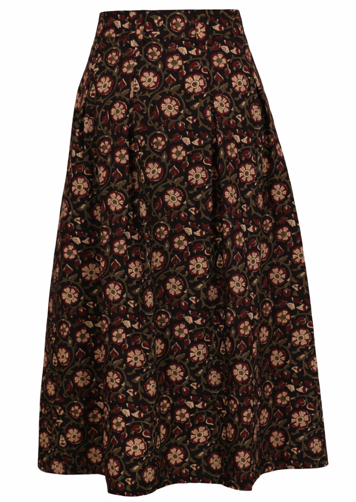 Back mannequin photo of black cotton midi length button through skirt with box pleats, belt loops and pockets