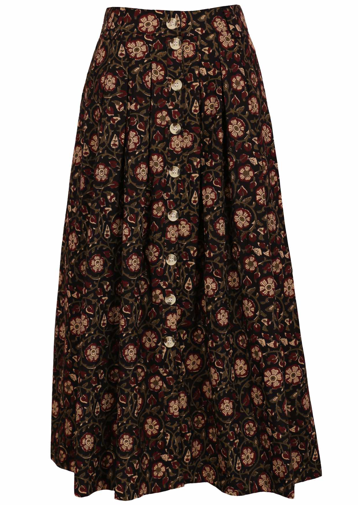 Front mannequin photo of black cotton midi length button through skirt with box pleats, belt loops and pockets