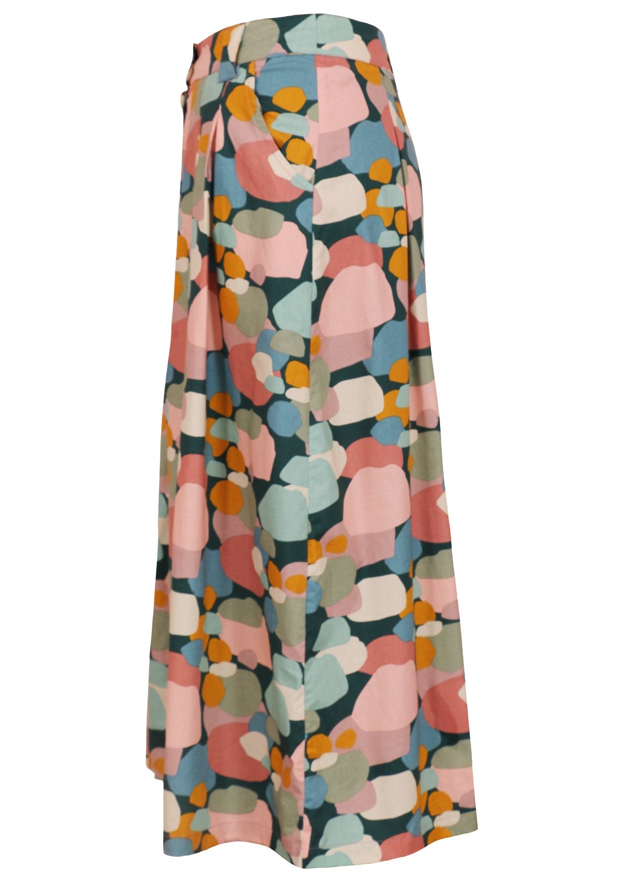 Pastel abstract print shin length skirt with deep pockets