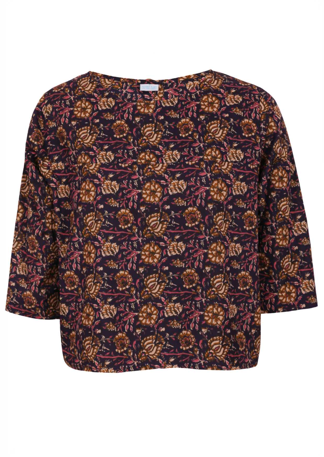 100% cotton 3/4 sleeve boxy top in dark purple based floral print.