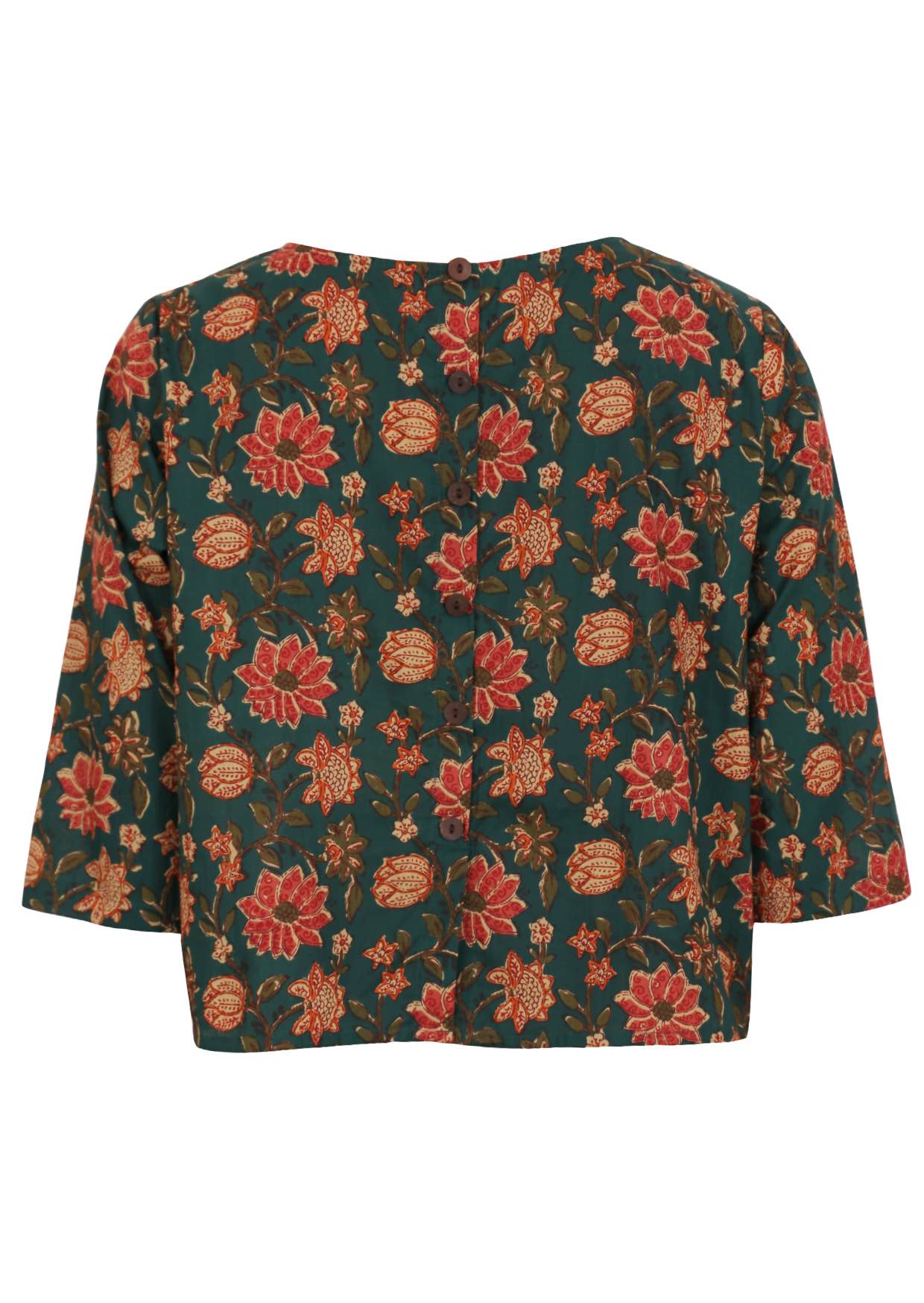 100% cotton loose fit top with 3/4 sleeves and decorative button down the back.