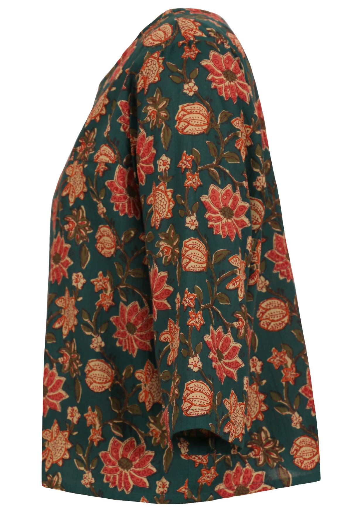 Relaxed fit cotton top with 3/4 sleeves and round neckline.