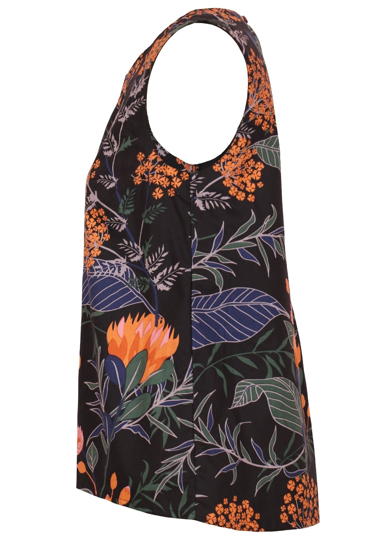 Side view of 100 percent cotton sleeveless top with high round neckline and button close at nape of neck