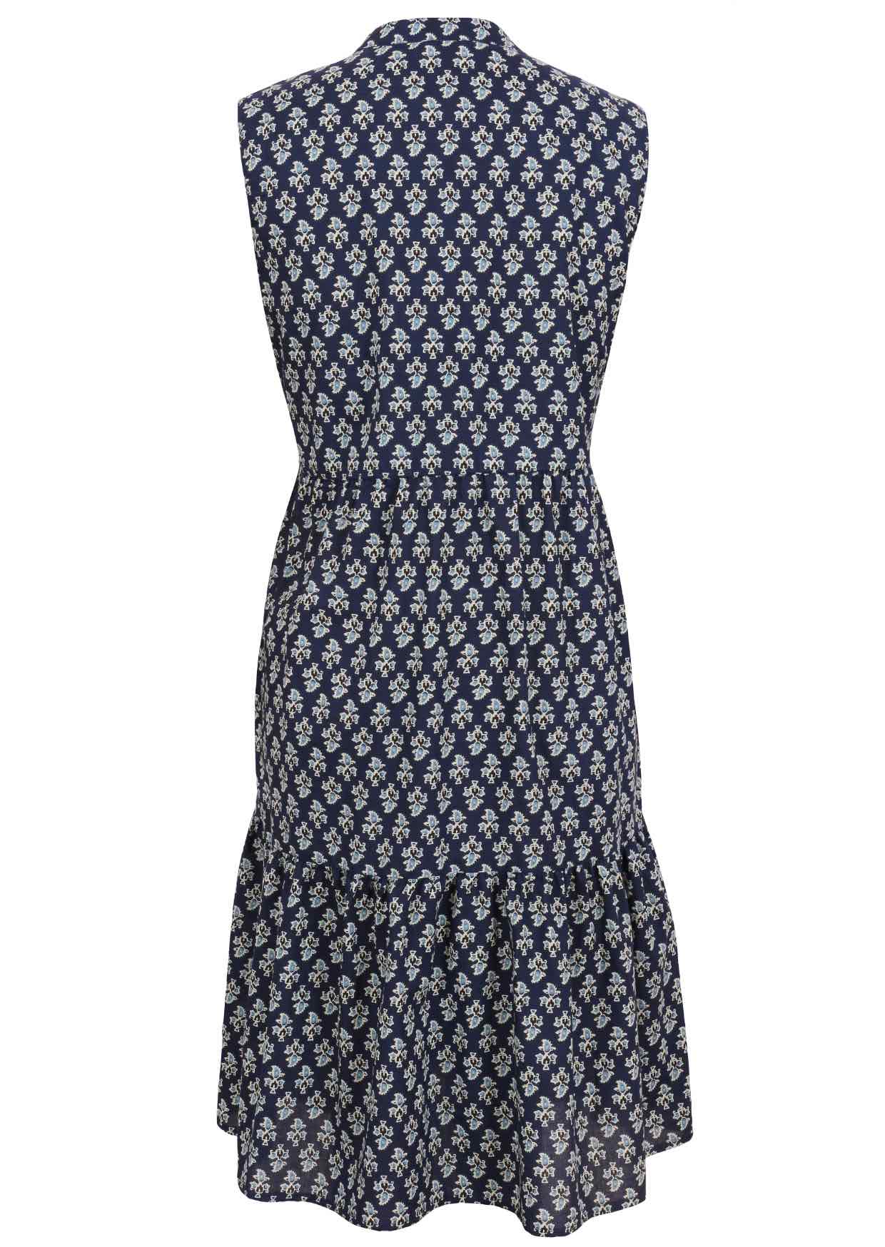 Back view of sleeveless, below knee length cotton dress with two tiered skirt in navy blue based floral print