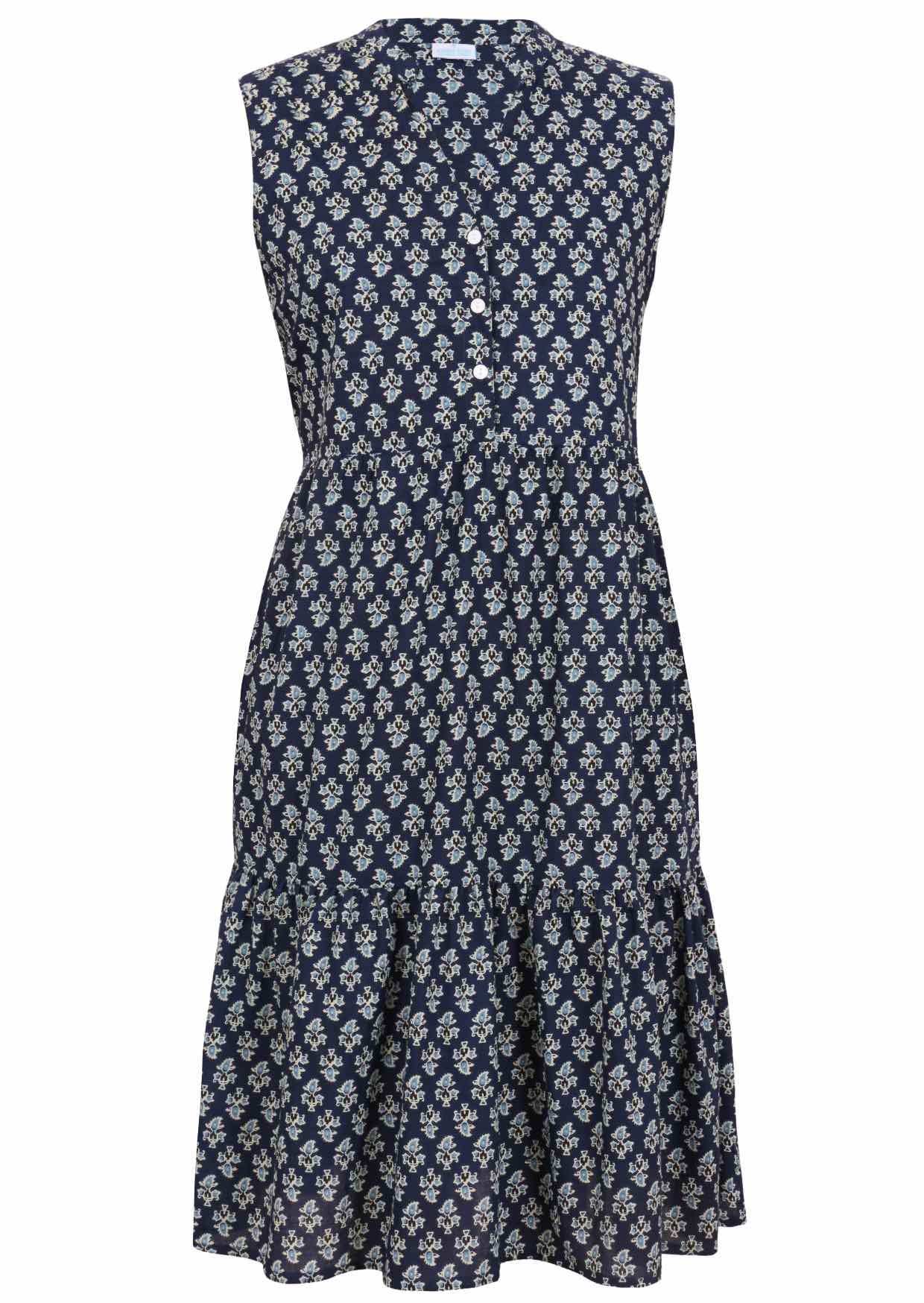 100% cotton sleeveless navy blue based floral print dress with buttoned bodice, mandarin collar and two tiered skirt