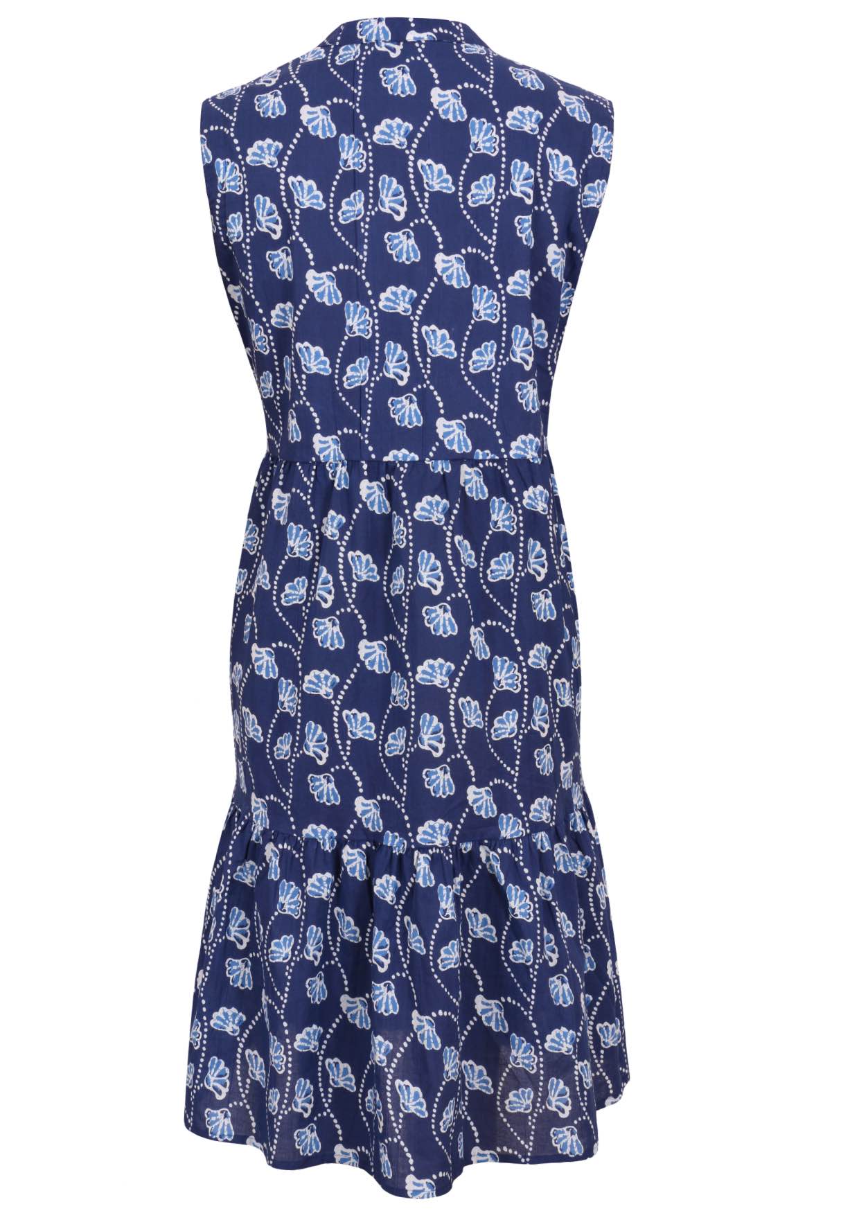 Back view of sleeveless, below knee length cotton dress with two tiered skirt in navy blue based floral print