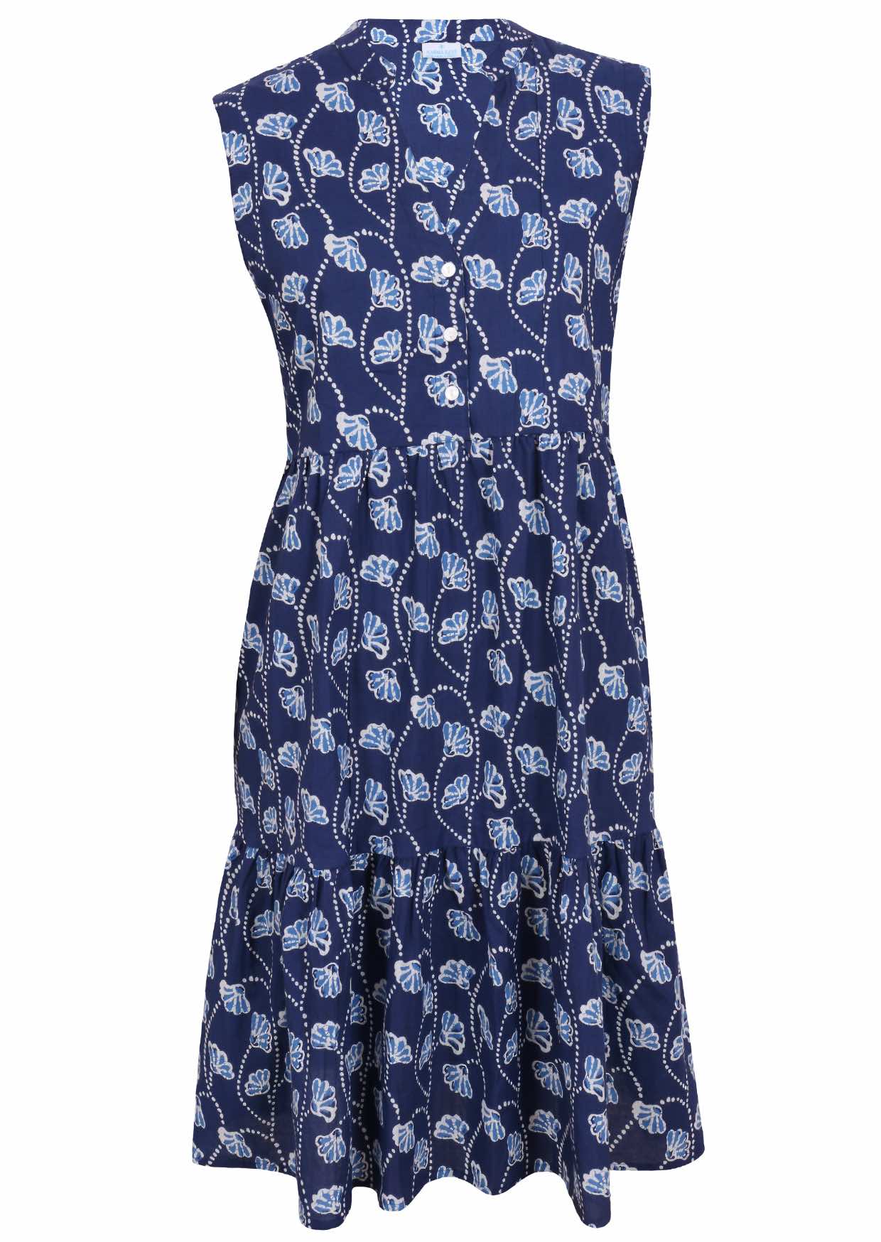 100% cotton sleeveless navy blue based floral print dress with buttoned bodice, mandarin collar and two tiered skirt