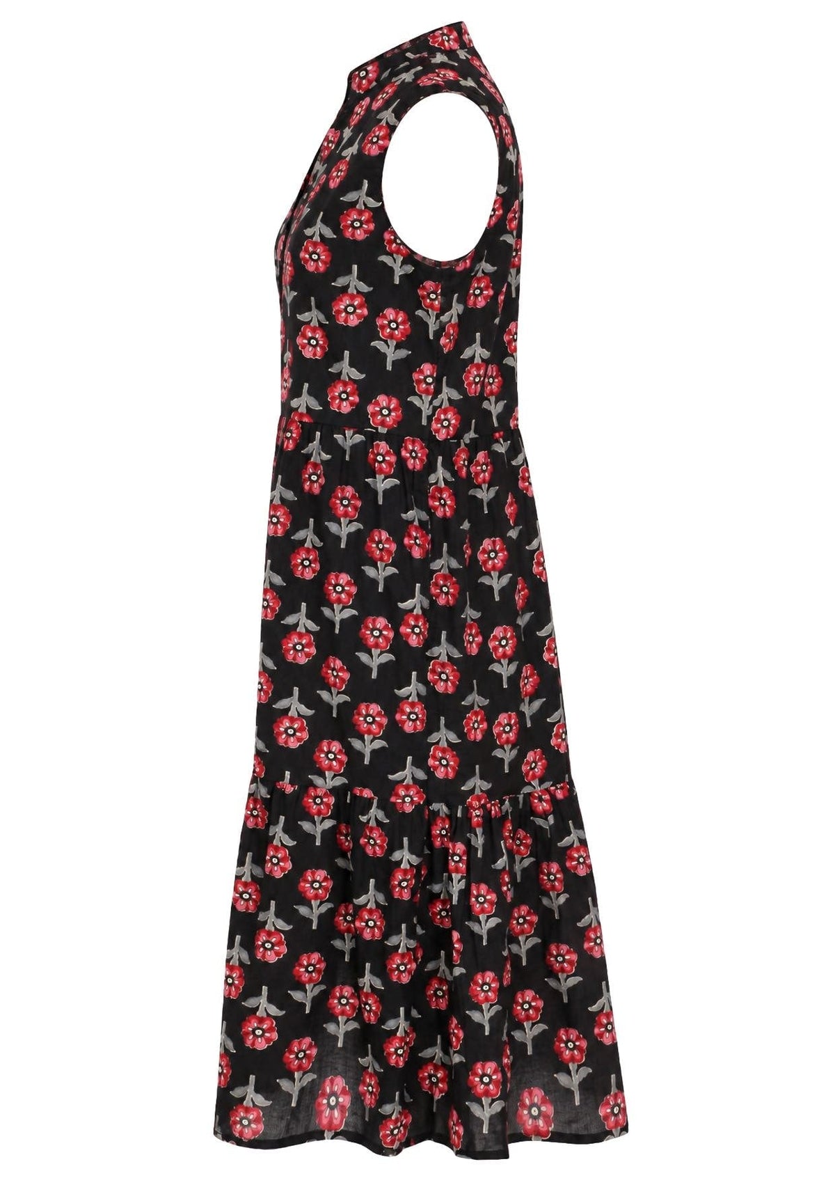 Relaxed fit sleeveless cotton dress with buttoned bodice, pockets and flowy two tiered skirt