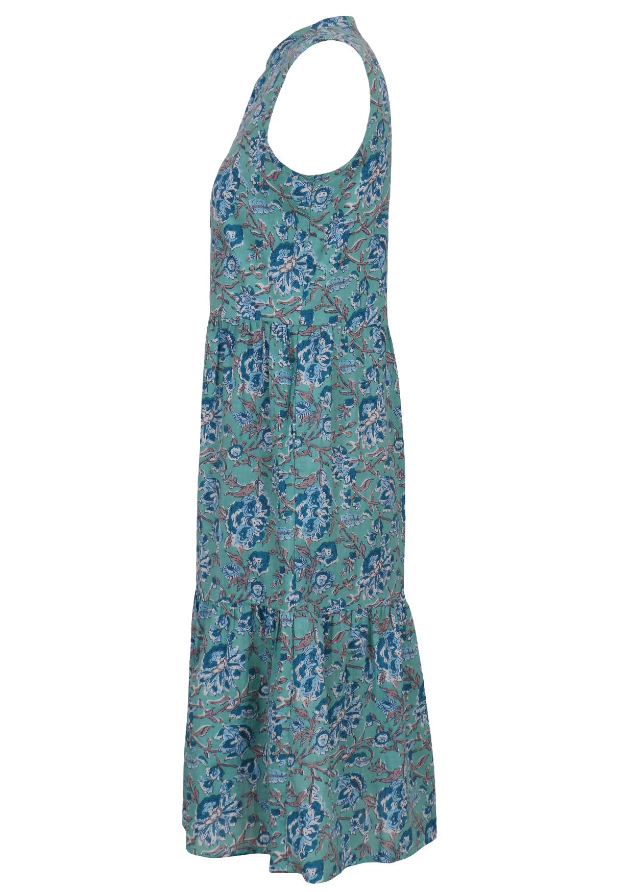 Sleeveless tiered cotton dress in blue and grey floral print on an aqua base, with hidden side pockets