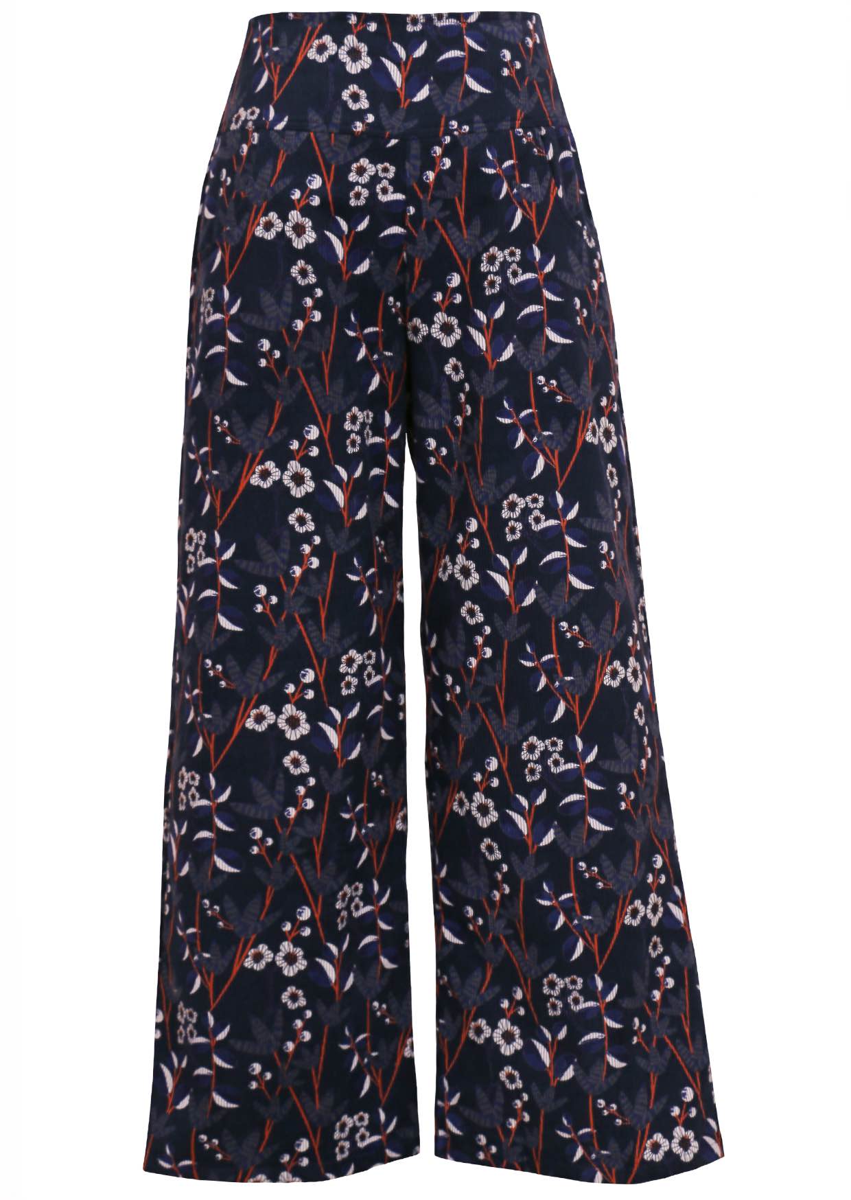 Cotton corduroy wide leg pants in retro floral print, with pockets
