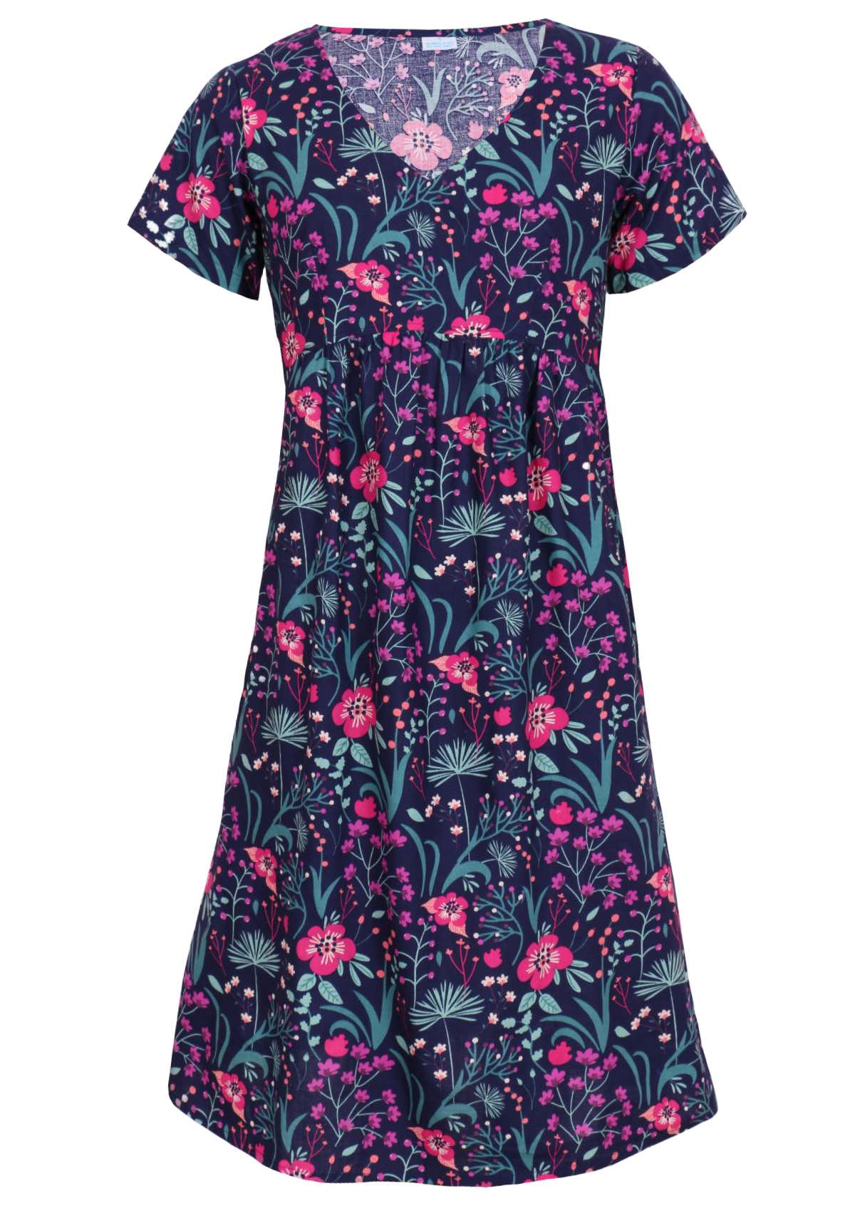 100 percent cotton v-neck empire waist sundress with hot pink and bright purple flowers on a deep blue base with pockets