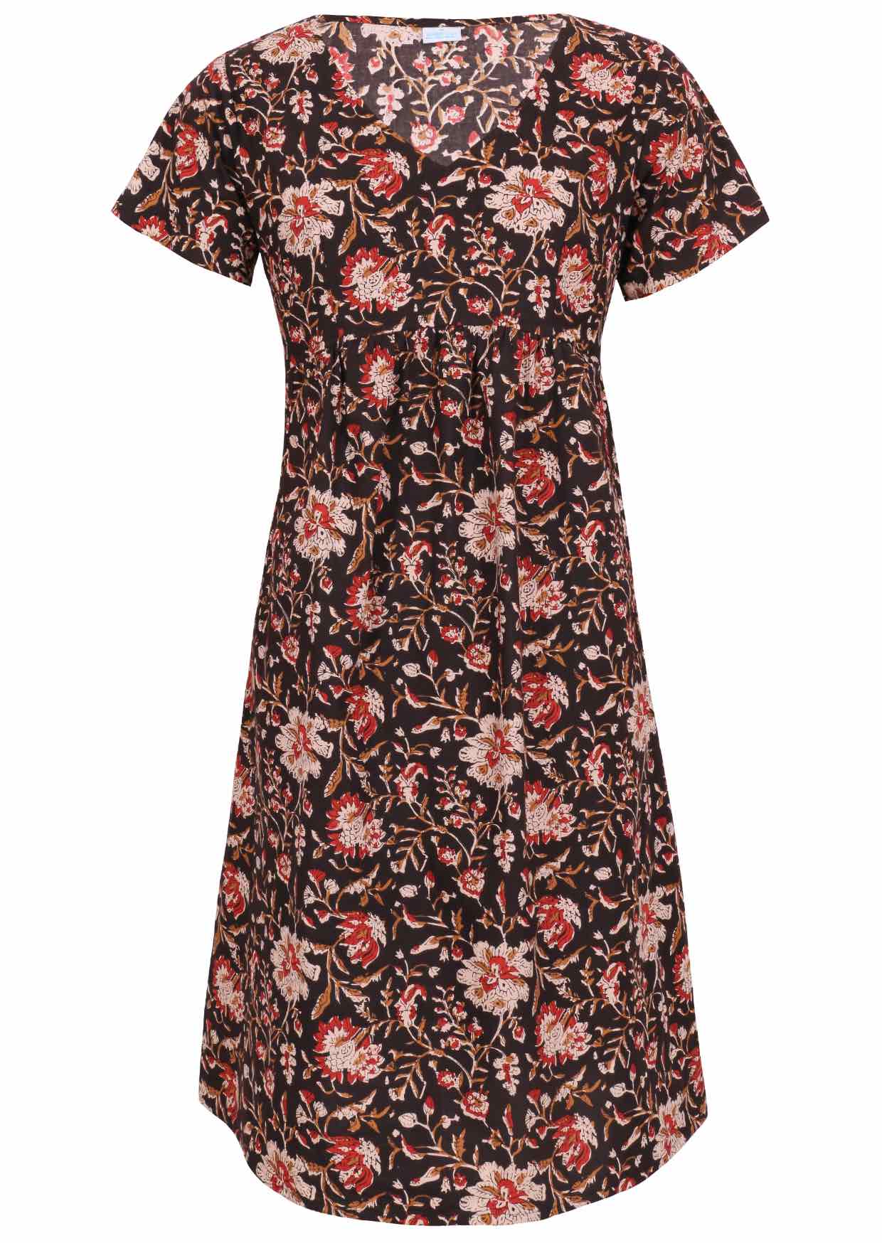 100% cotton, short sleeve dress with V neckline in black based floral print.