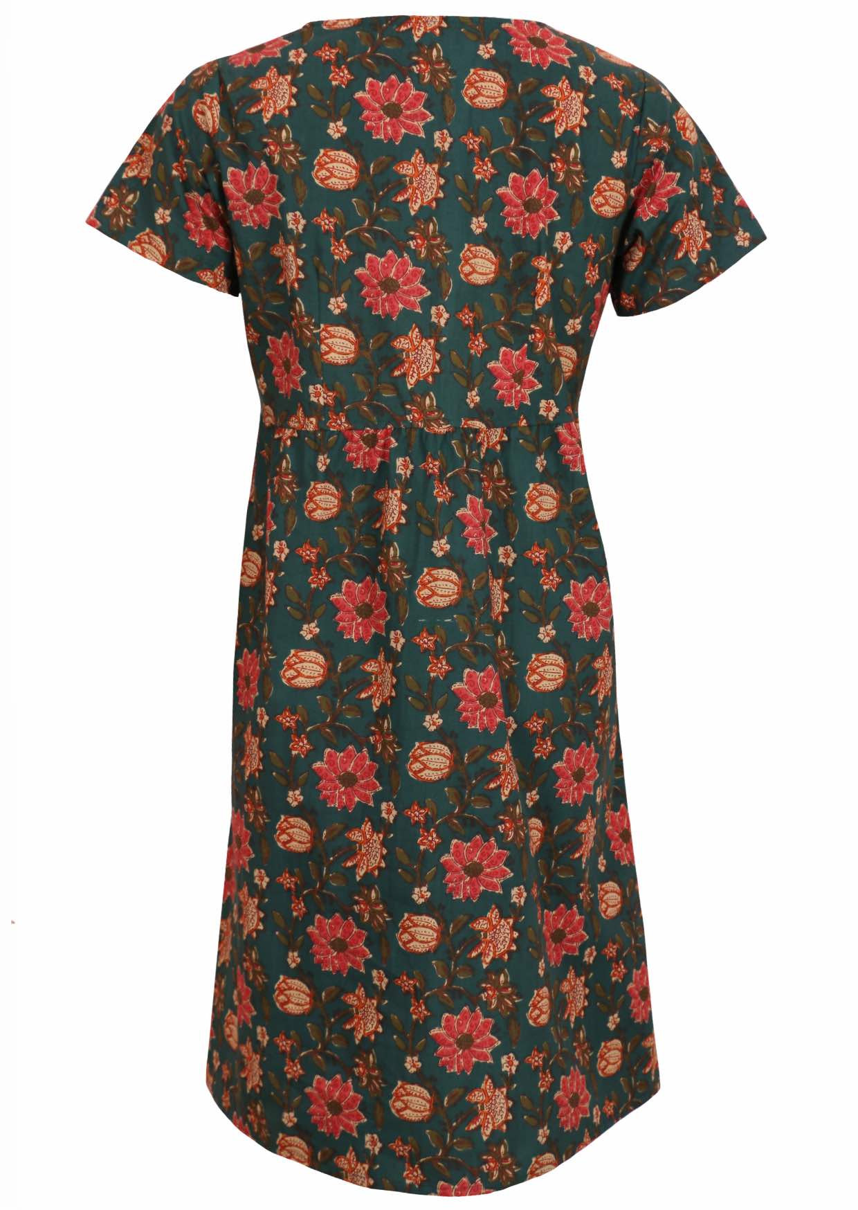 Back image of relaxed fit, 100% cotton dress with vibrant pink and orange floral print on deep green base.