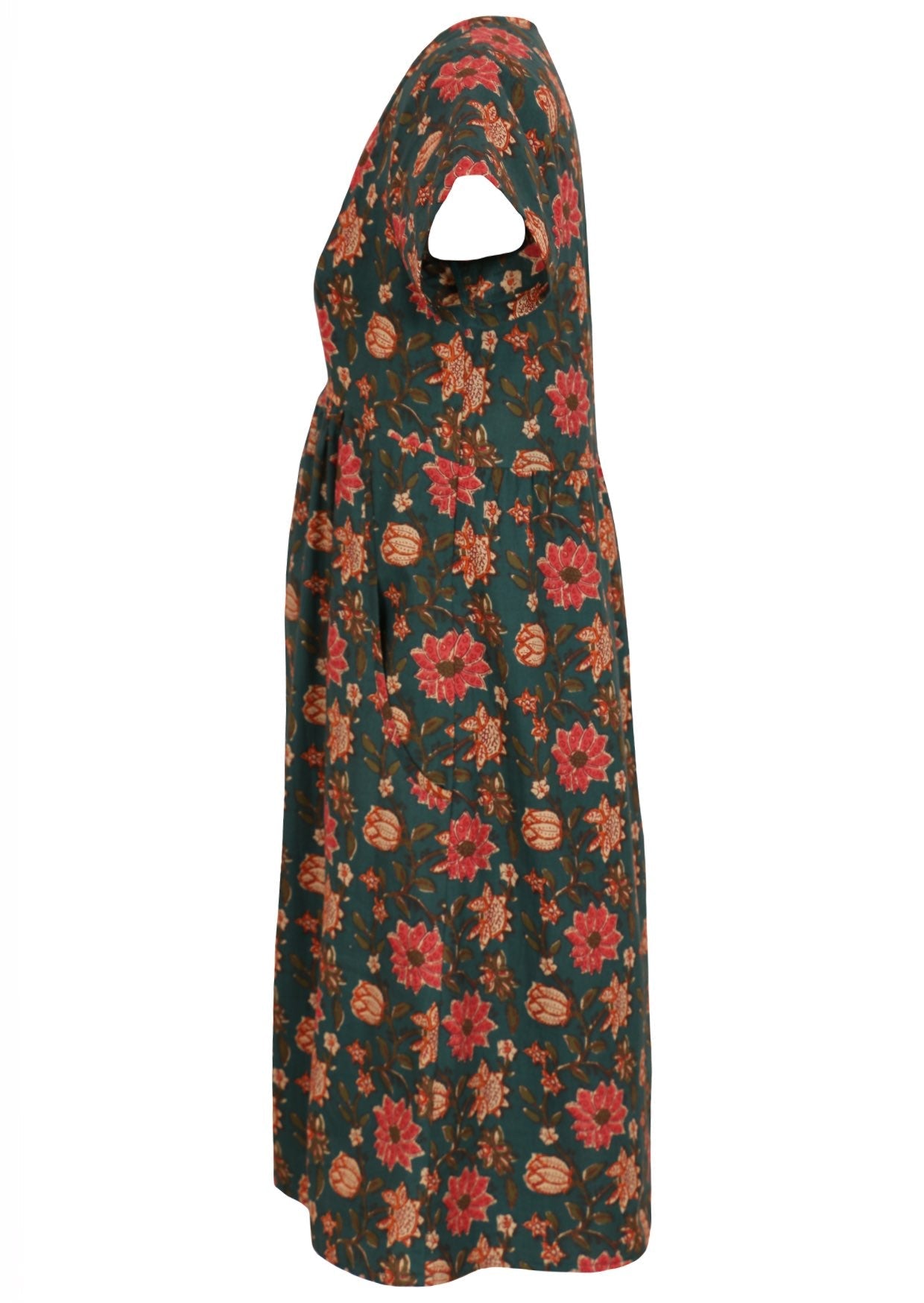 Side image short sleeved deep green dress with pockets and V neckline.