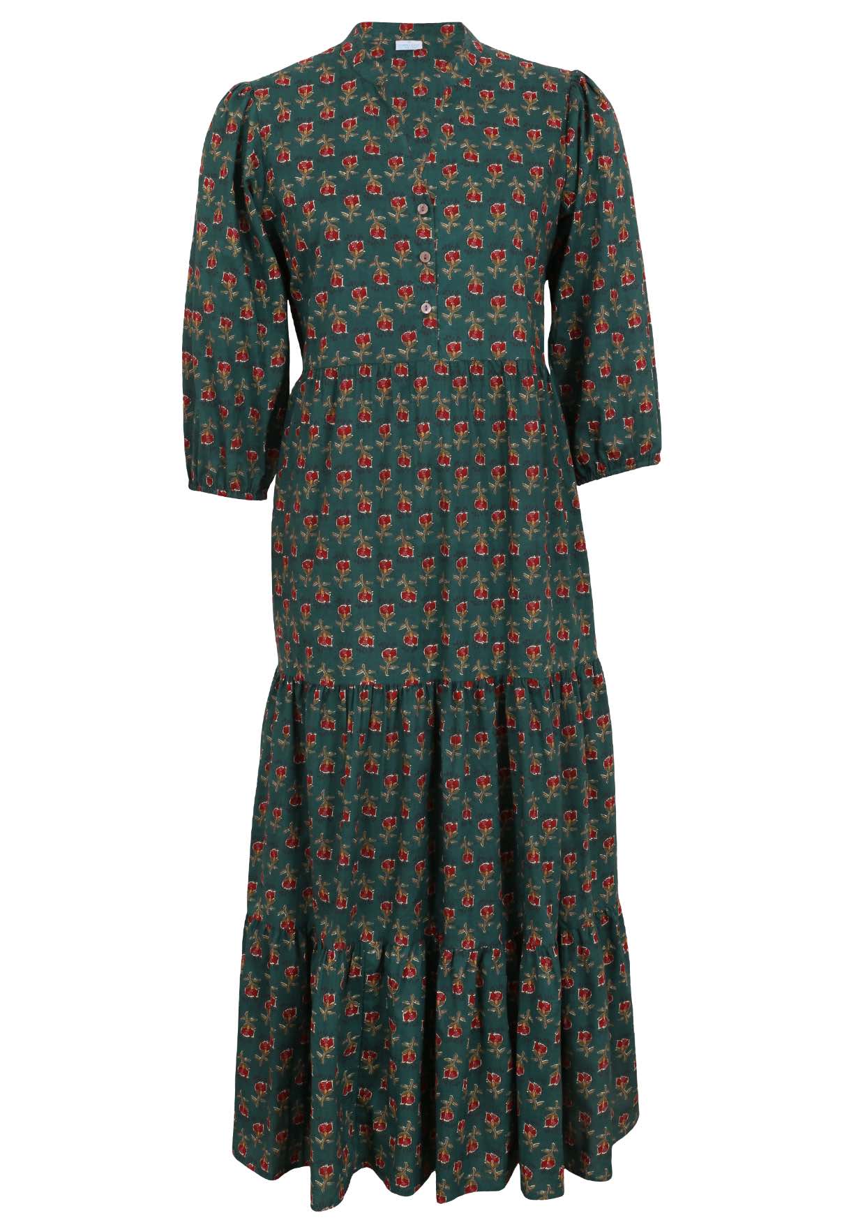 100% green based floral three tiered flowy maxi dress with buttoned bodice, 3/4 sleeves and mandarin collar