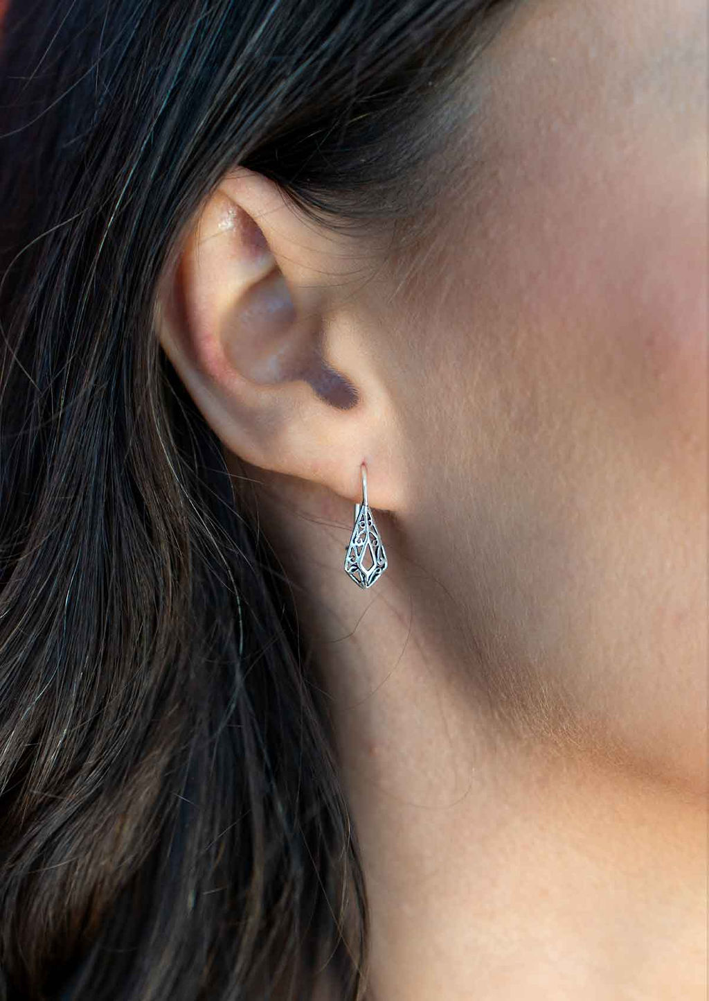 Woman wearing small Filigree Silver Earrings