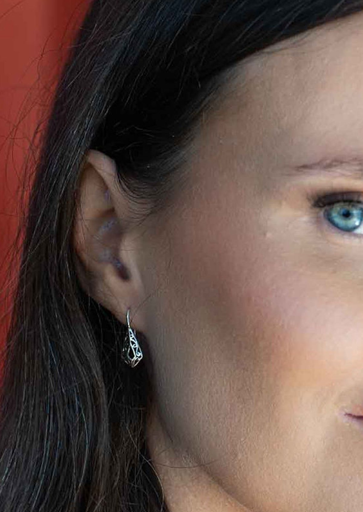 Woman wearing small Filigree Silver Earrings