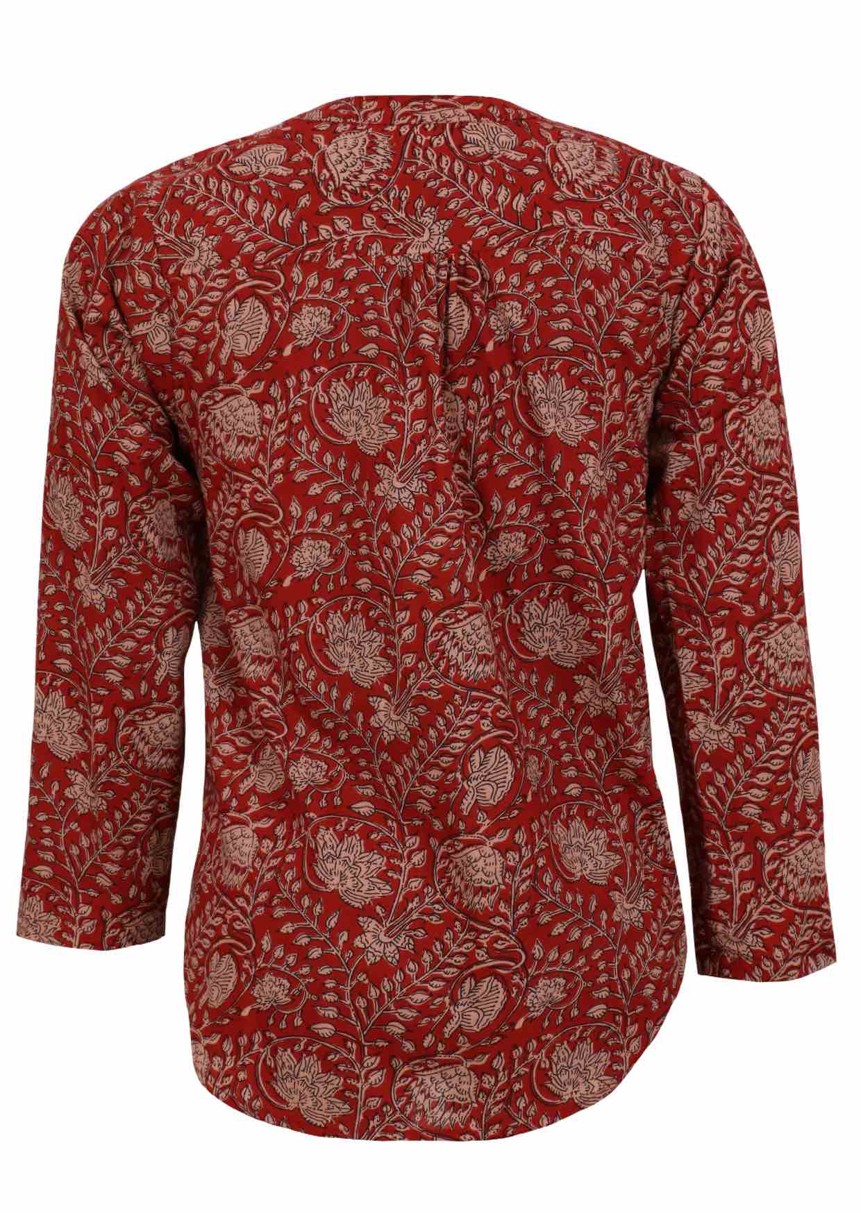 Back view of 100% cotton top with red based floral print
