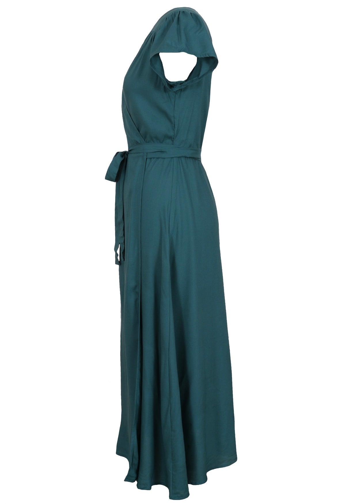 Teal rayon wrap dress with ties for closure, and butterfly sleeves