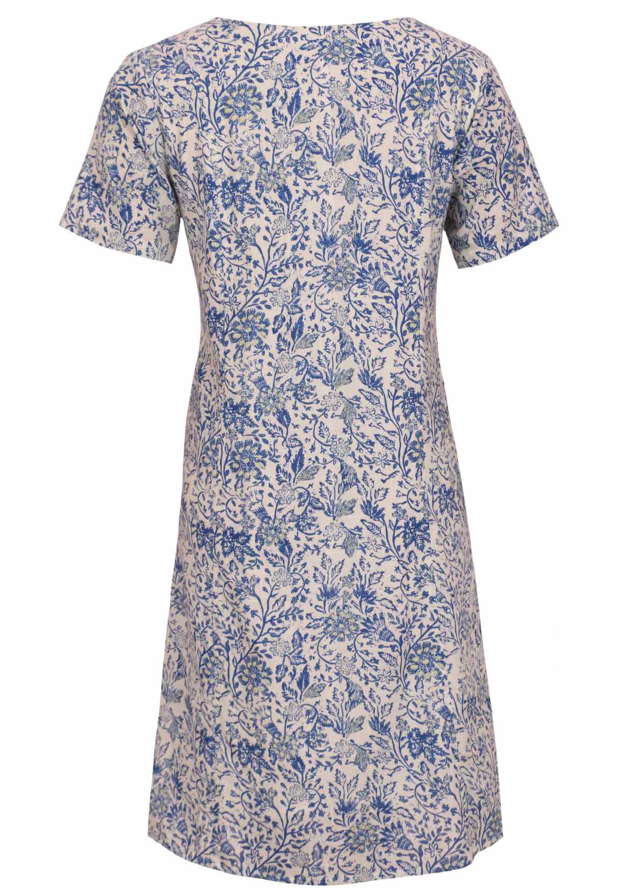 White based blue floral printed cotton dress with white background.