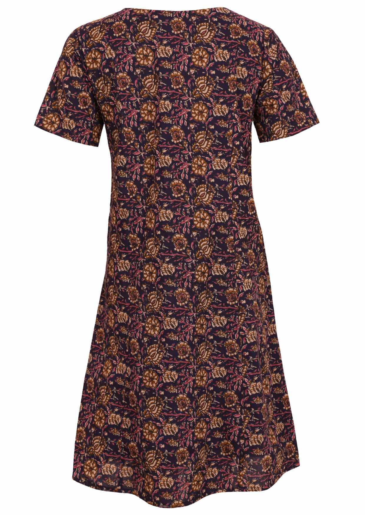 Back image of short sleeve cotton sun dress in indian floral print, with gathers under bust and deep pockets.