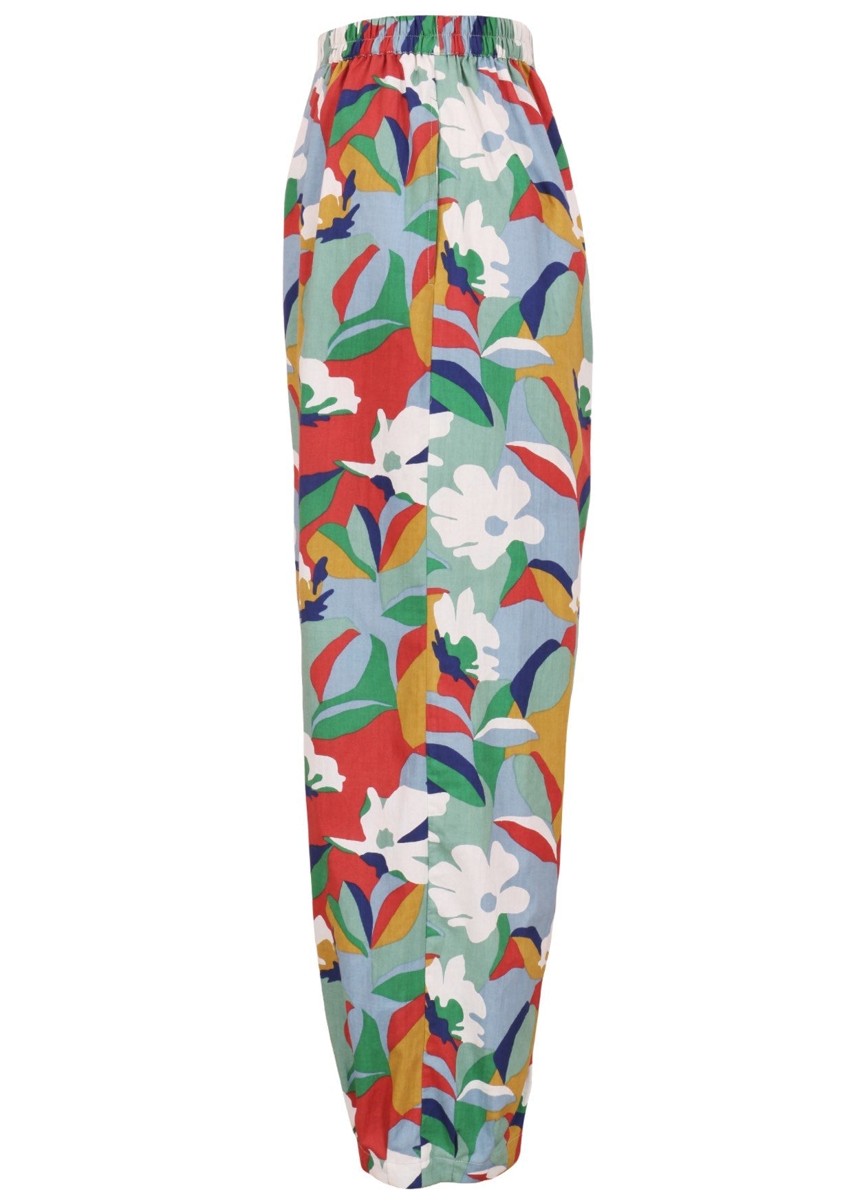 Side view of colorful floral-patterned pants with pockets