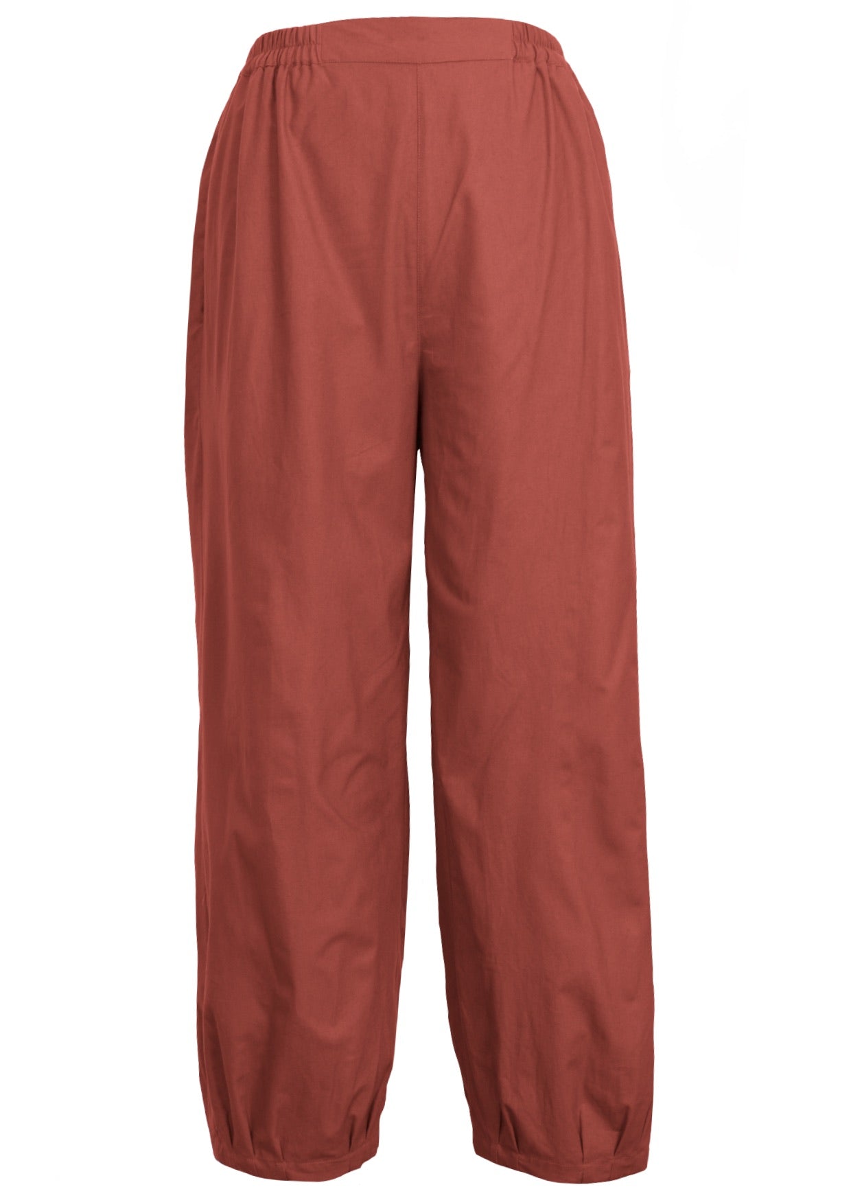 100% cotton relaxed fit pants in burnt henna with pockets and elastic waist