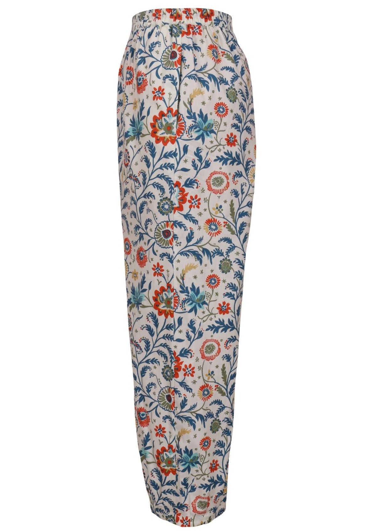 Side view of floral print wide leg cotton pants with pleated ankles, high elastic waist and pockets ghost mannequin image