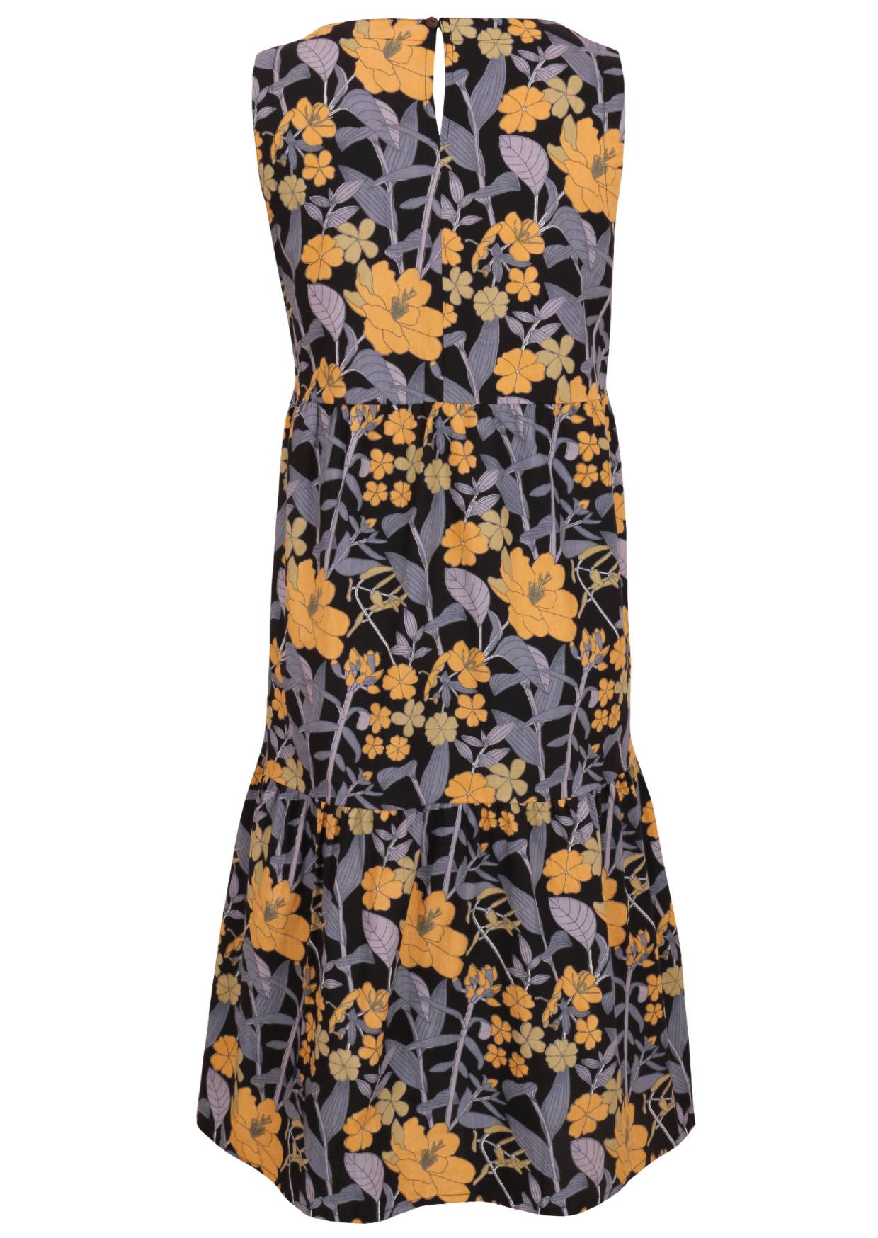 Back image of 100% cotton sleeveless midi dress with button back closure and pockets in black based floral print