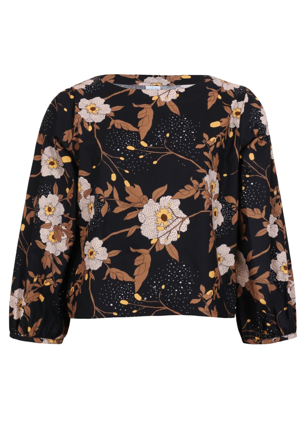 100% cotton bishop sleeved top with boat neckline in black based floral print