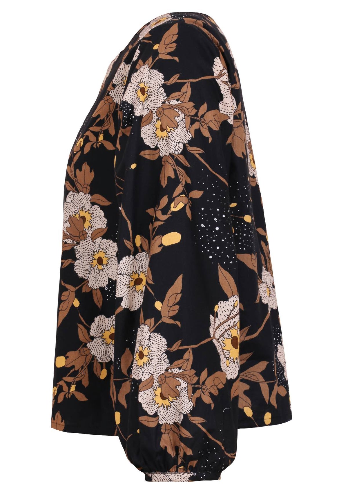 Side view of loose fitting, black floral 100% cotton top with bishop sleeves