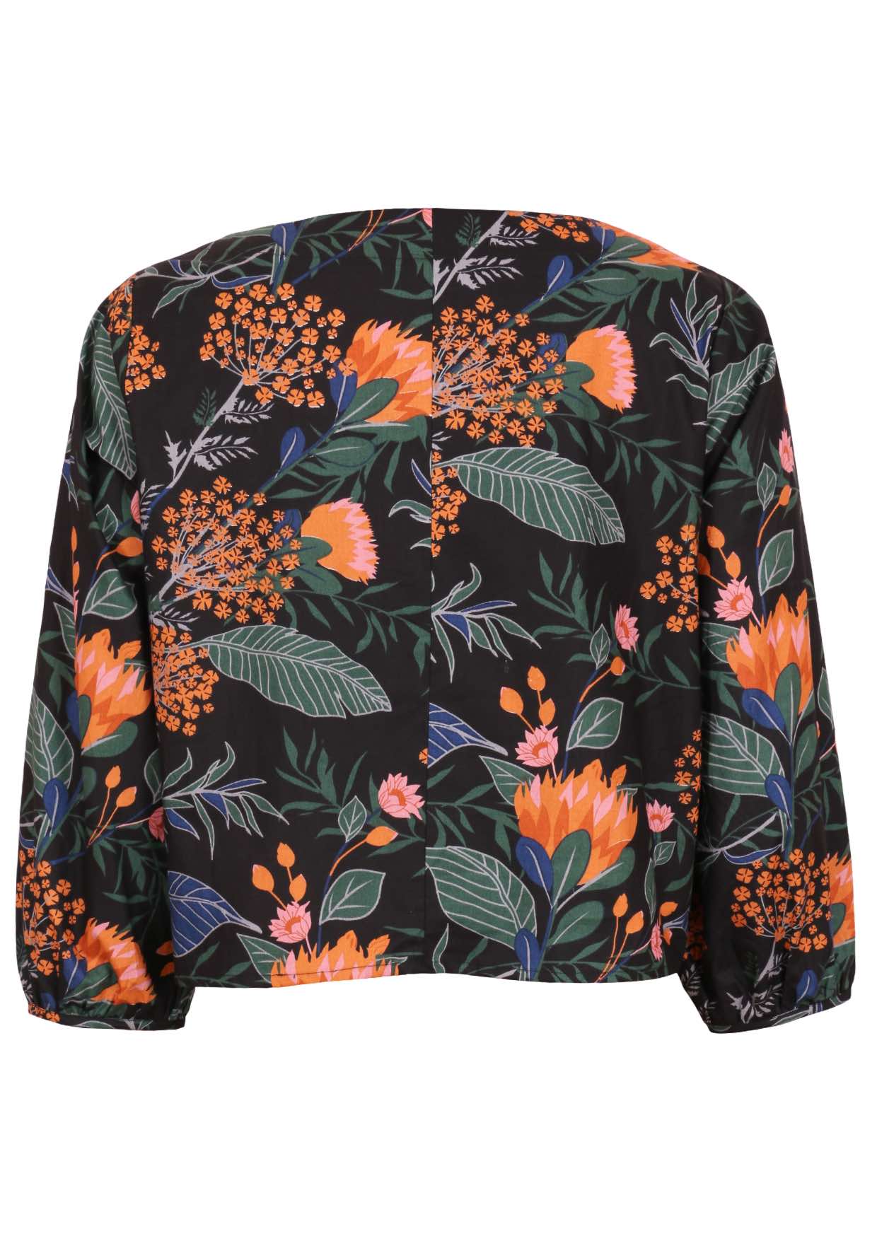 Back view of 100% cotton loose fitting top with bishop sleeves and centre back seam