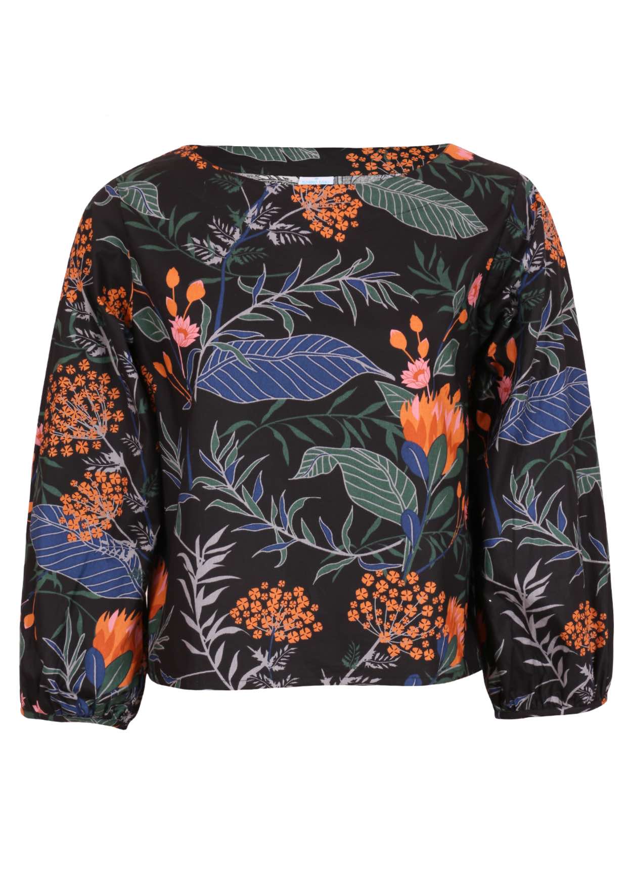 100% cotton bishop sleeved top with boat neckline in black based botanic print