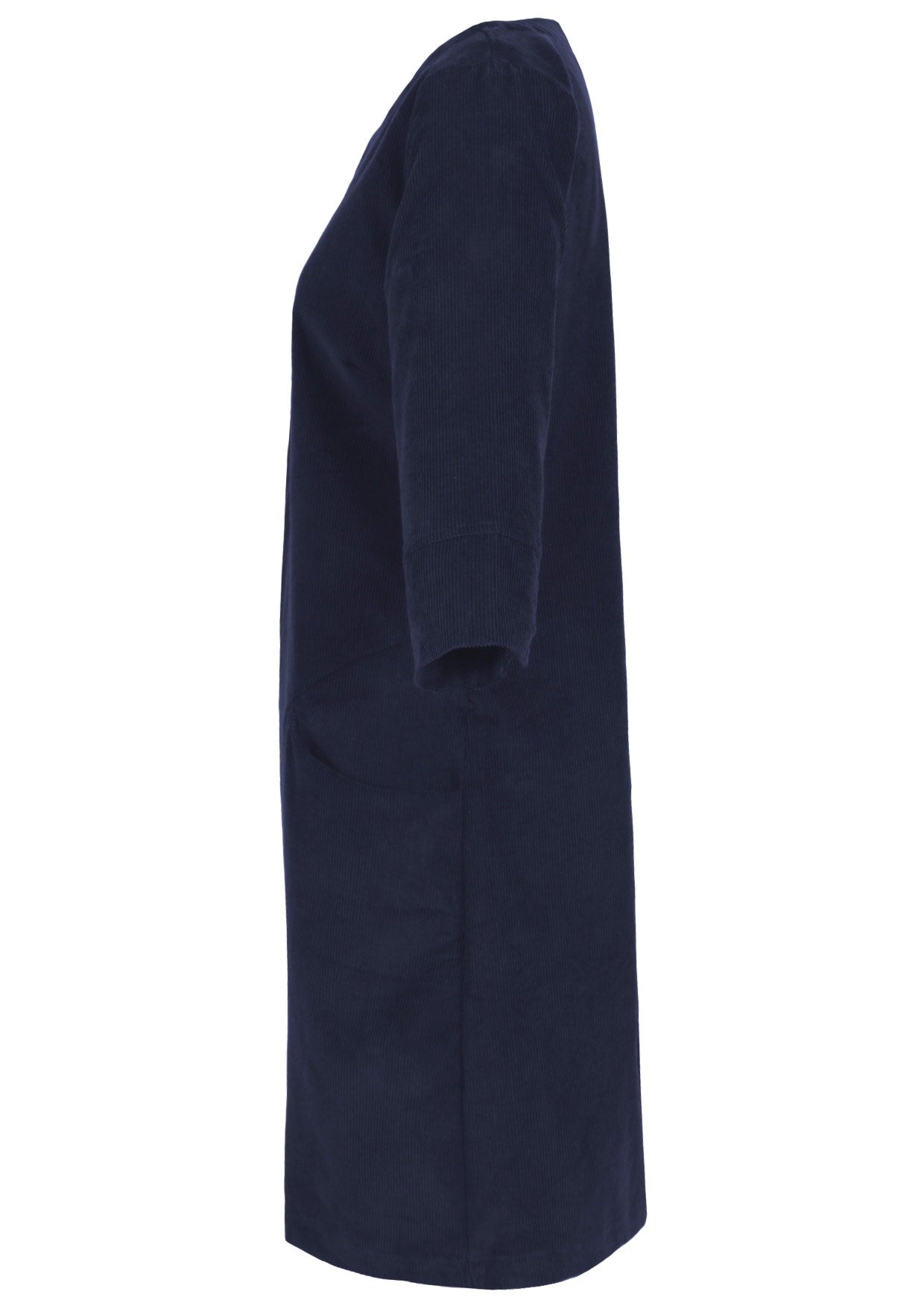 Side view of cotton corduroy dress with 3/4 sleeves, pockets and side zip