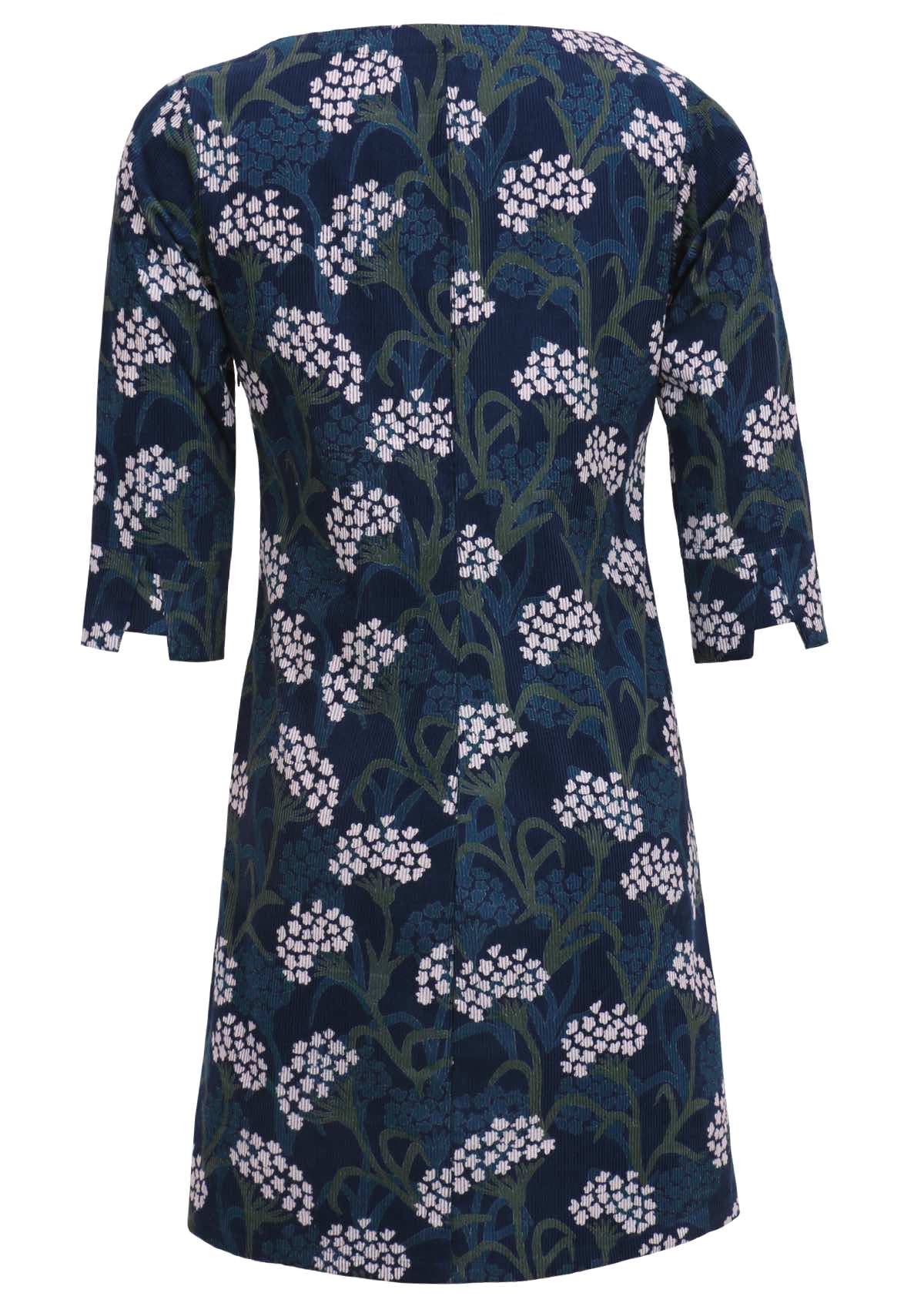 Back of blue, white and green florals on a dark blue based 100% cotton corduroy dress