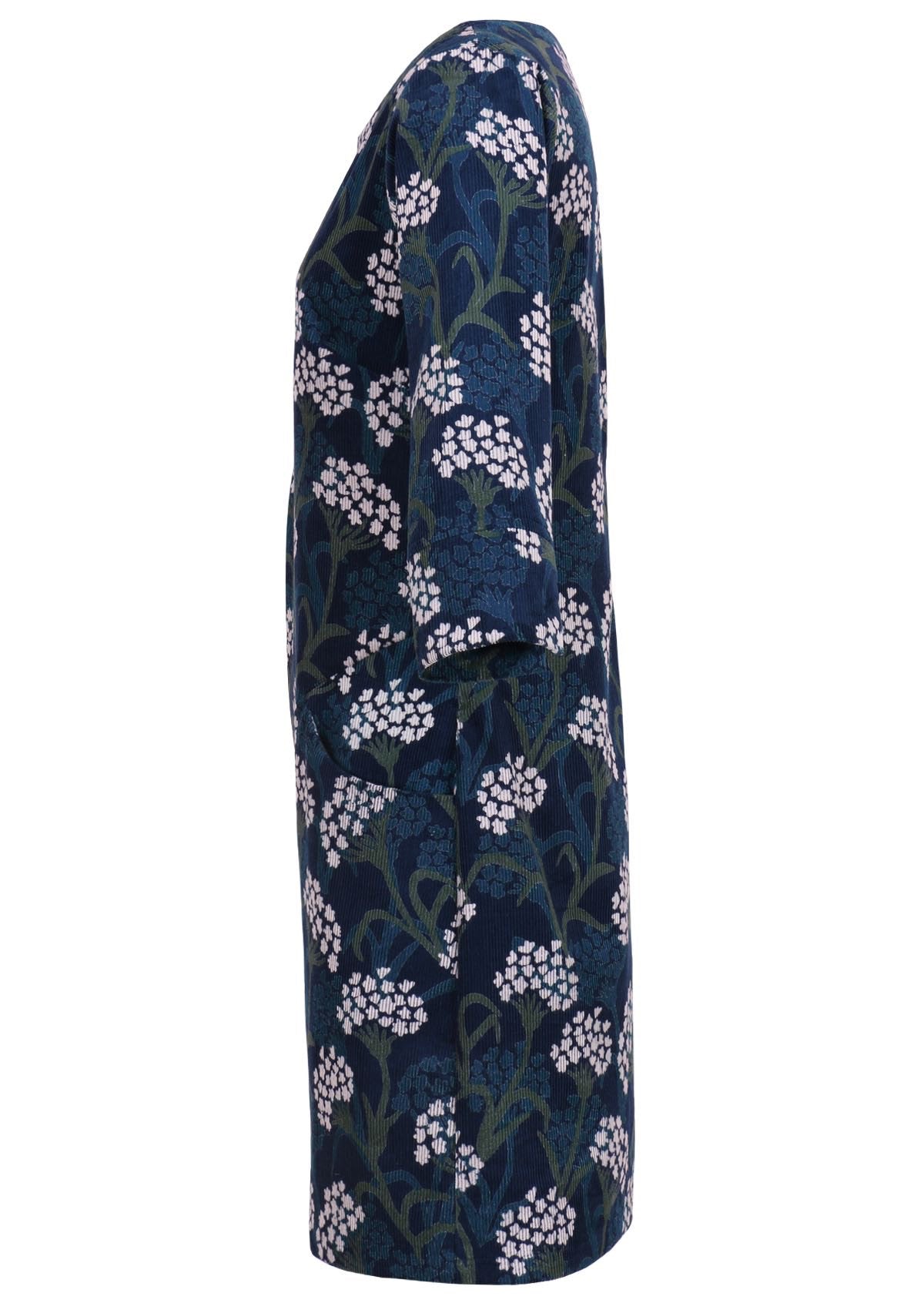 Side image of 3/4 sleeve dress made of 100% cotton corduroy