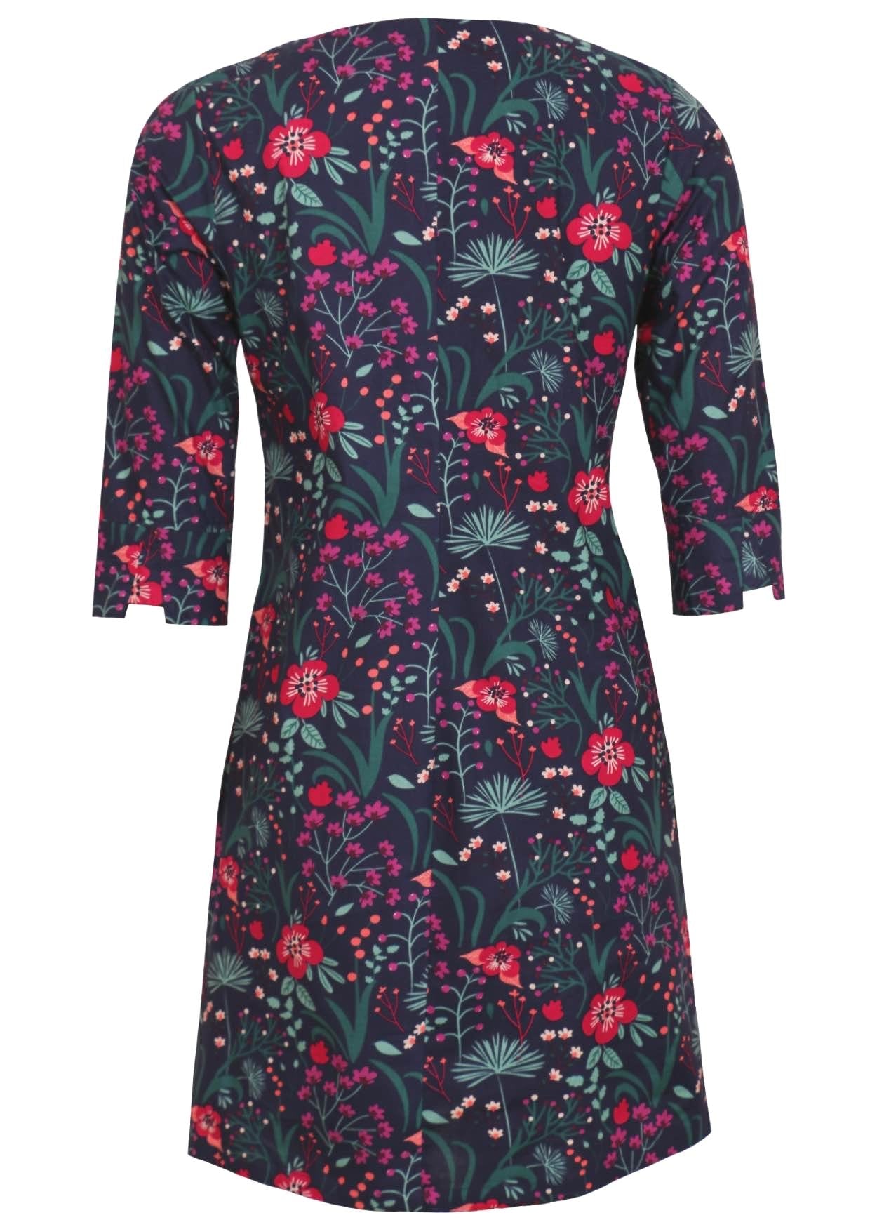 Cotton 3/4 sleeve shift dress with detailed cuff, in gorgeous floral print on dark blue base