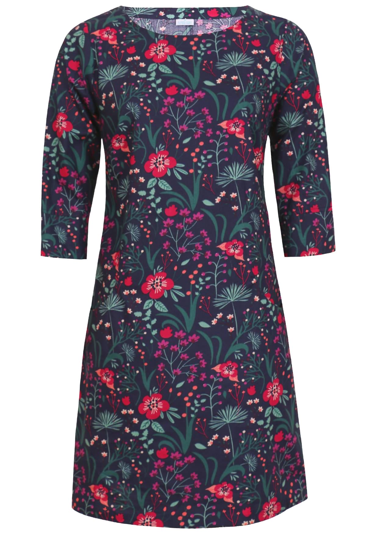 Cotton 3/4 sleeve shift dress with high round neckline and pockets incorporated into the front in gorgeous floral print on dark blue base