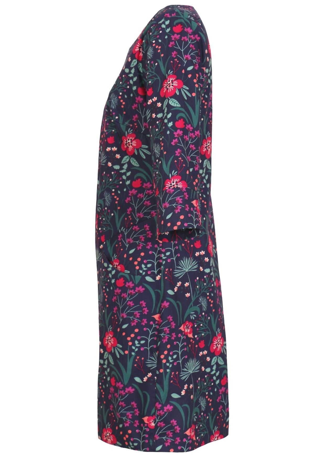 Cotton 3/4 sleeve shift dress with high pockets incorporated into the front in gorgeous floral print on dark blue base