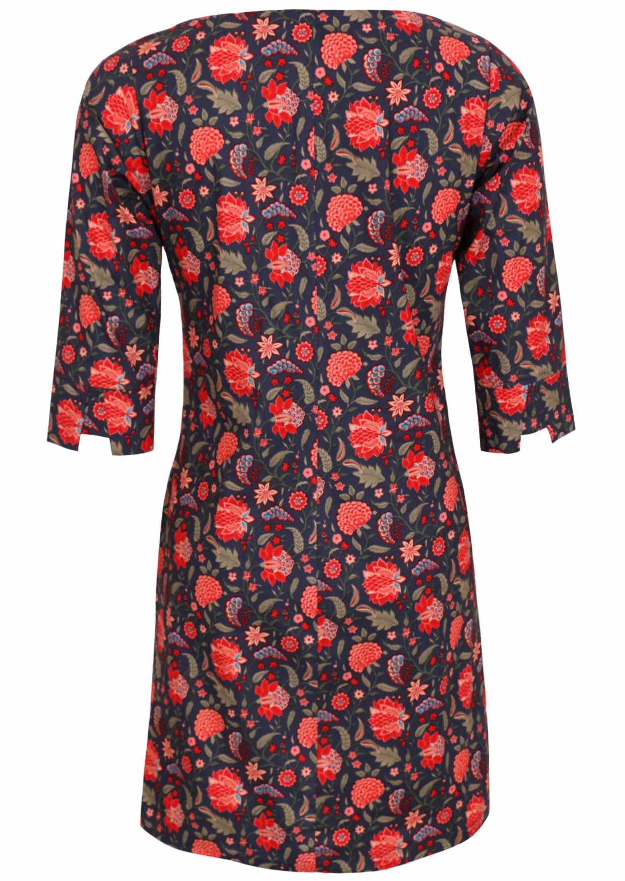 100% cotton dress with 3/4 sleeves and high round neckline back view