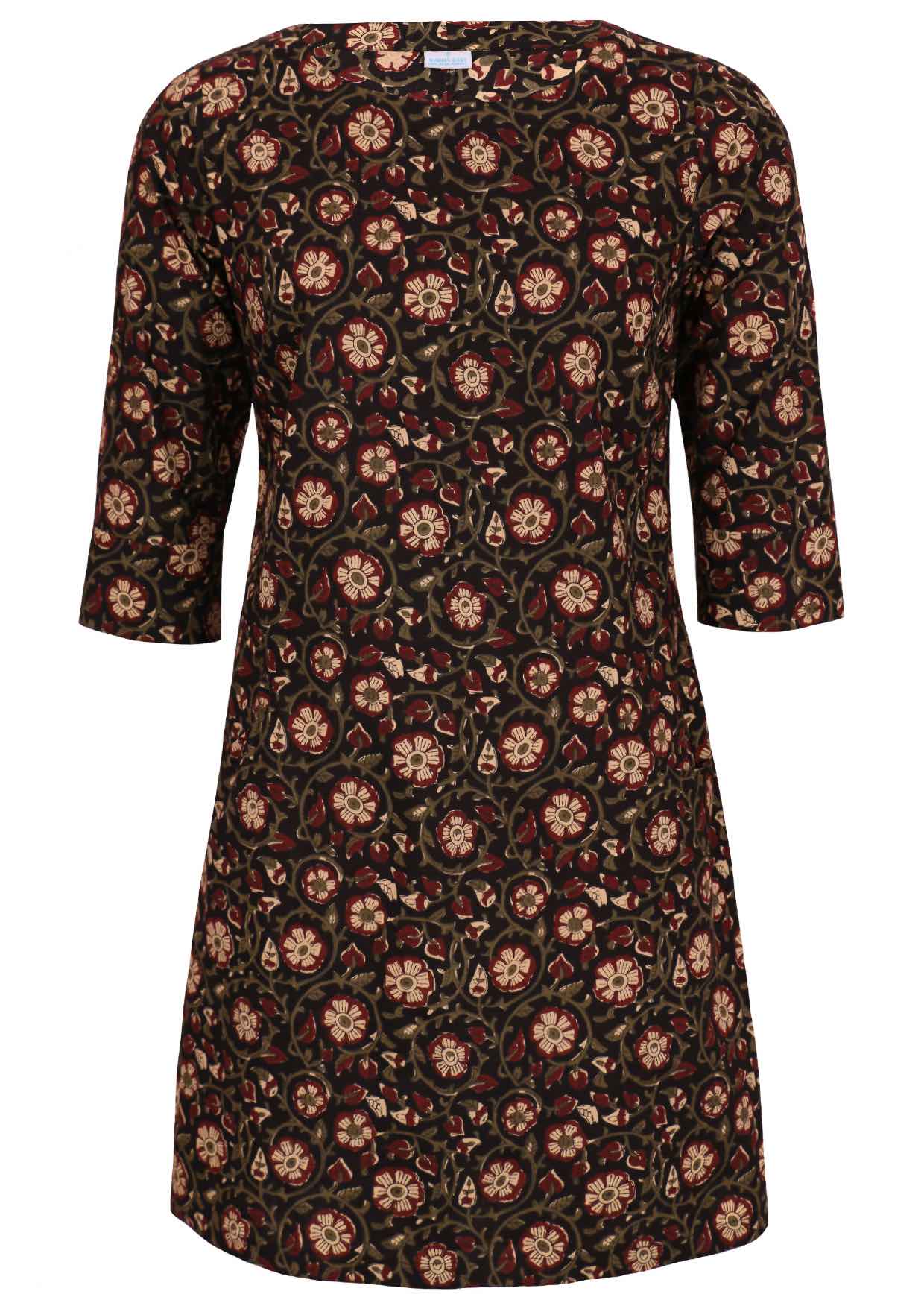 100% cotton dress with 3/4 sleeves, round neckline and A line skirt.