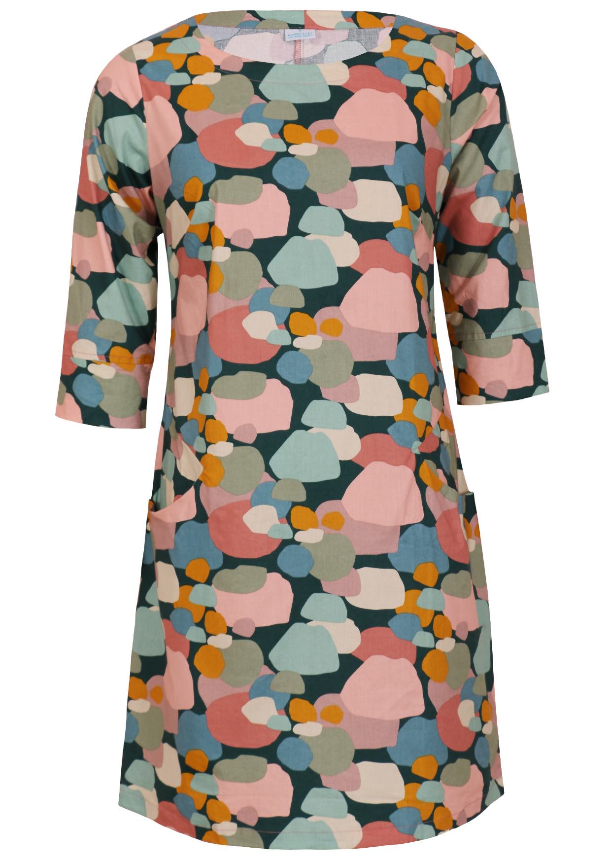 Pastel spotty print cotton knee length dress with 3/4 sleeves, round neckline and pockets