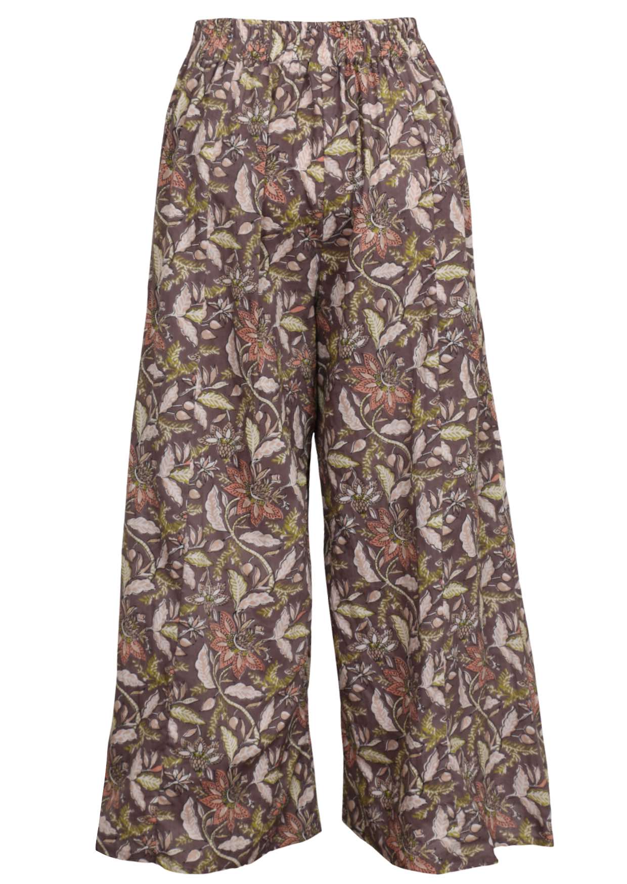 Cotton wide leg pants with taupe based floral print, with elastic at back of waistband