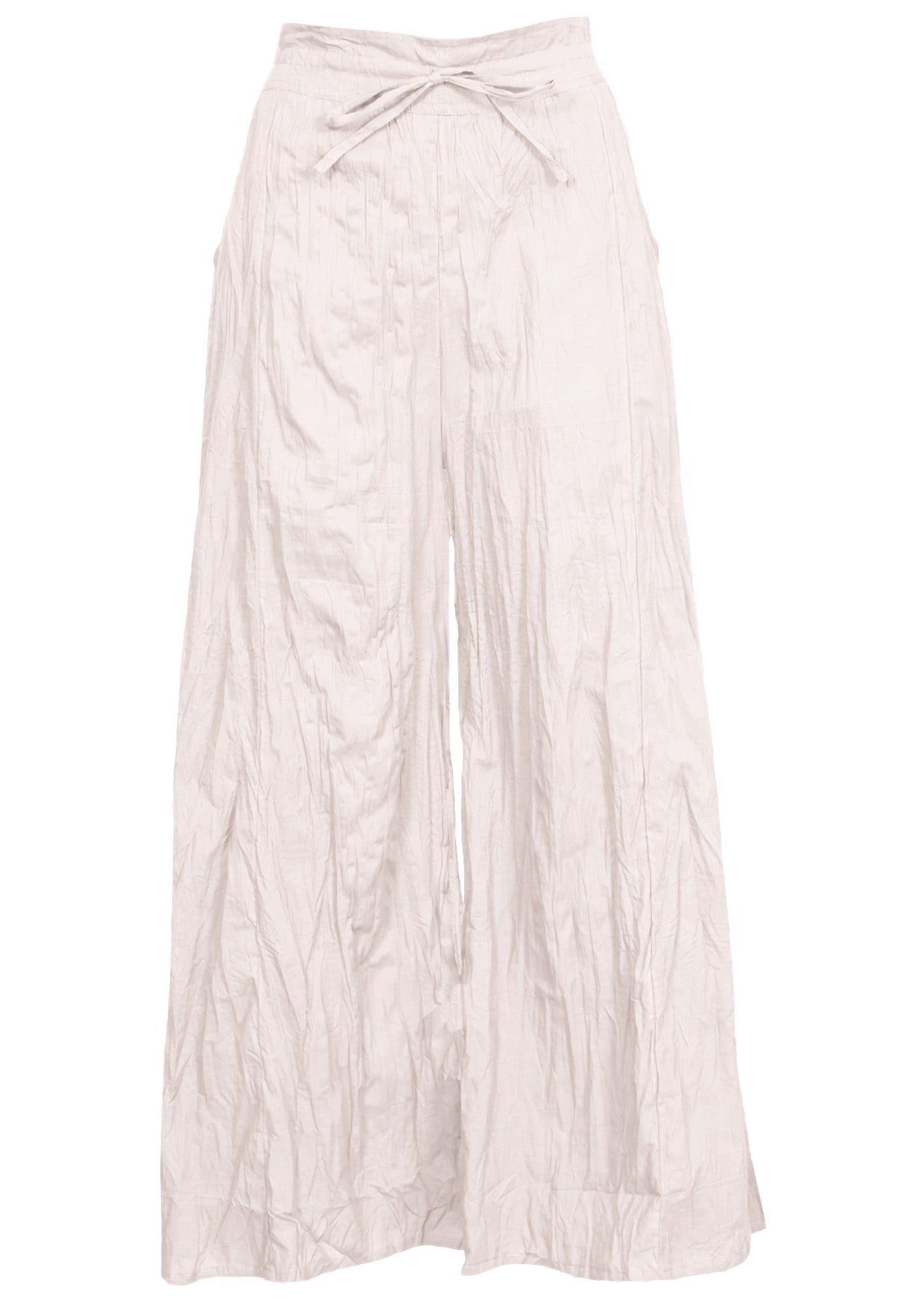 100% cotton wide leg pants in natural white with drawstring waist tie.