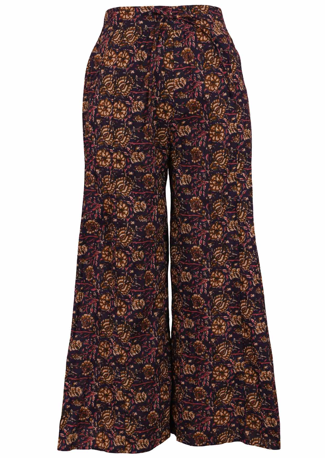 Wide leg 100% cotton pants in sweet floral print on dark purple base.