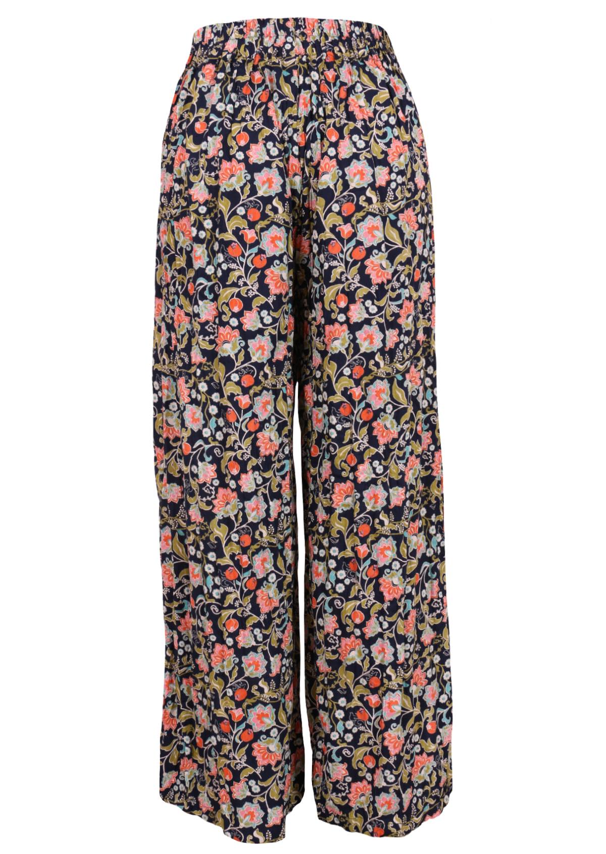 Back mannequin photo of multi coloured floral rayon wide leg pants and elastic at back of waistband