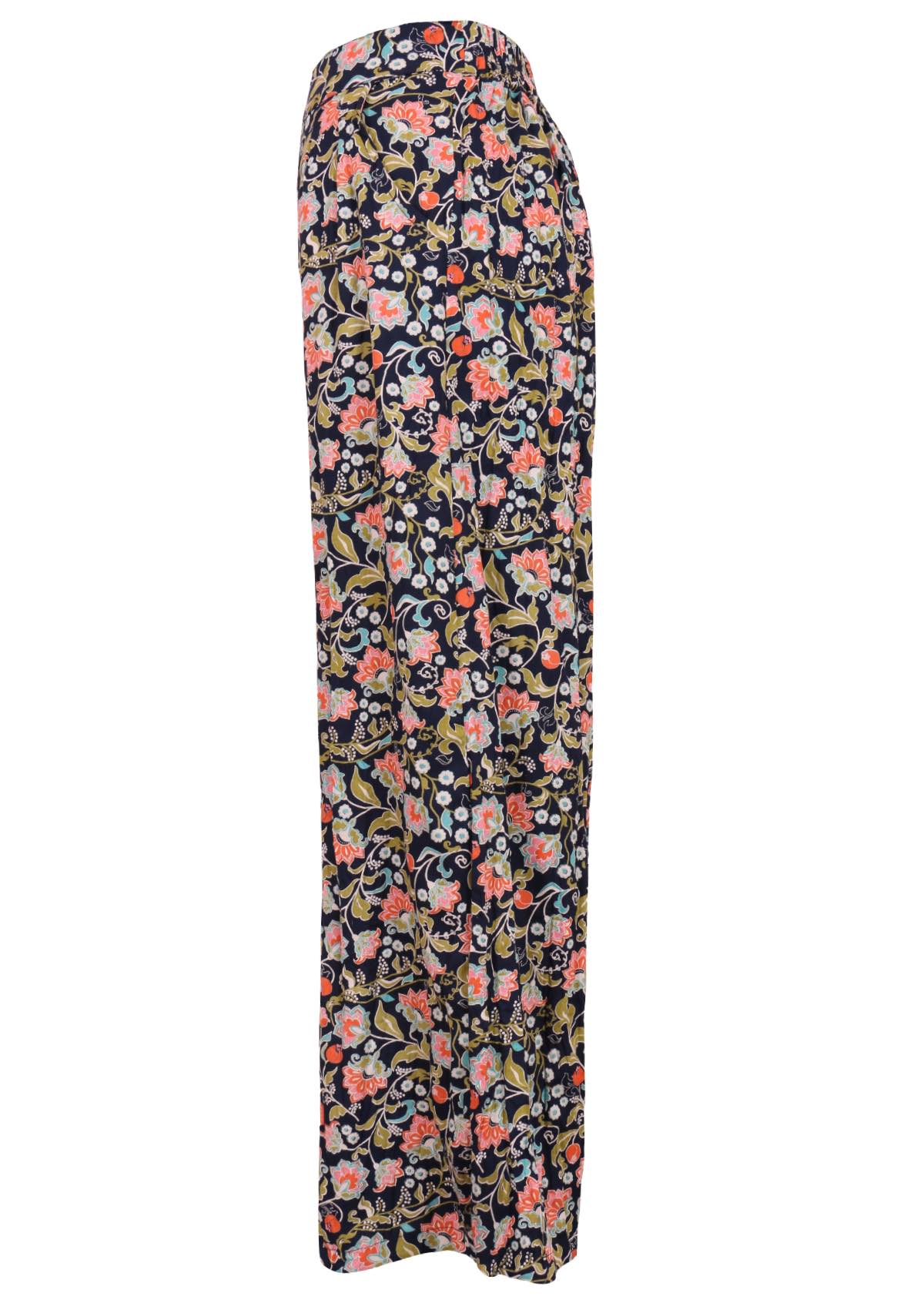 Side mannequin photo of multi coloured floral rayon wide leg pants with pockets
