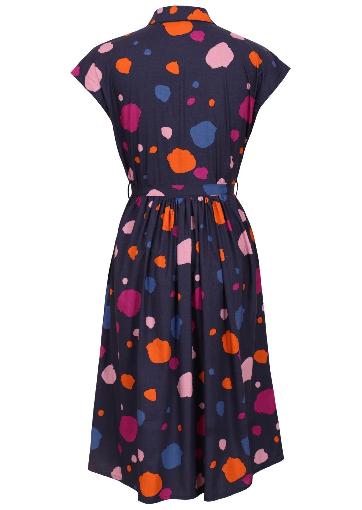 Navy based cotton dress with colourful abstract pattern, cap sleeves, small gathers in the centre back and waist tie