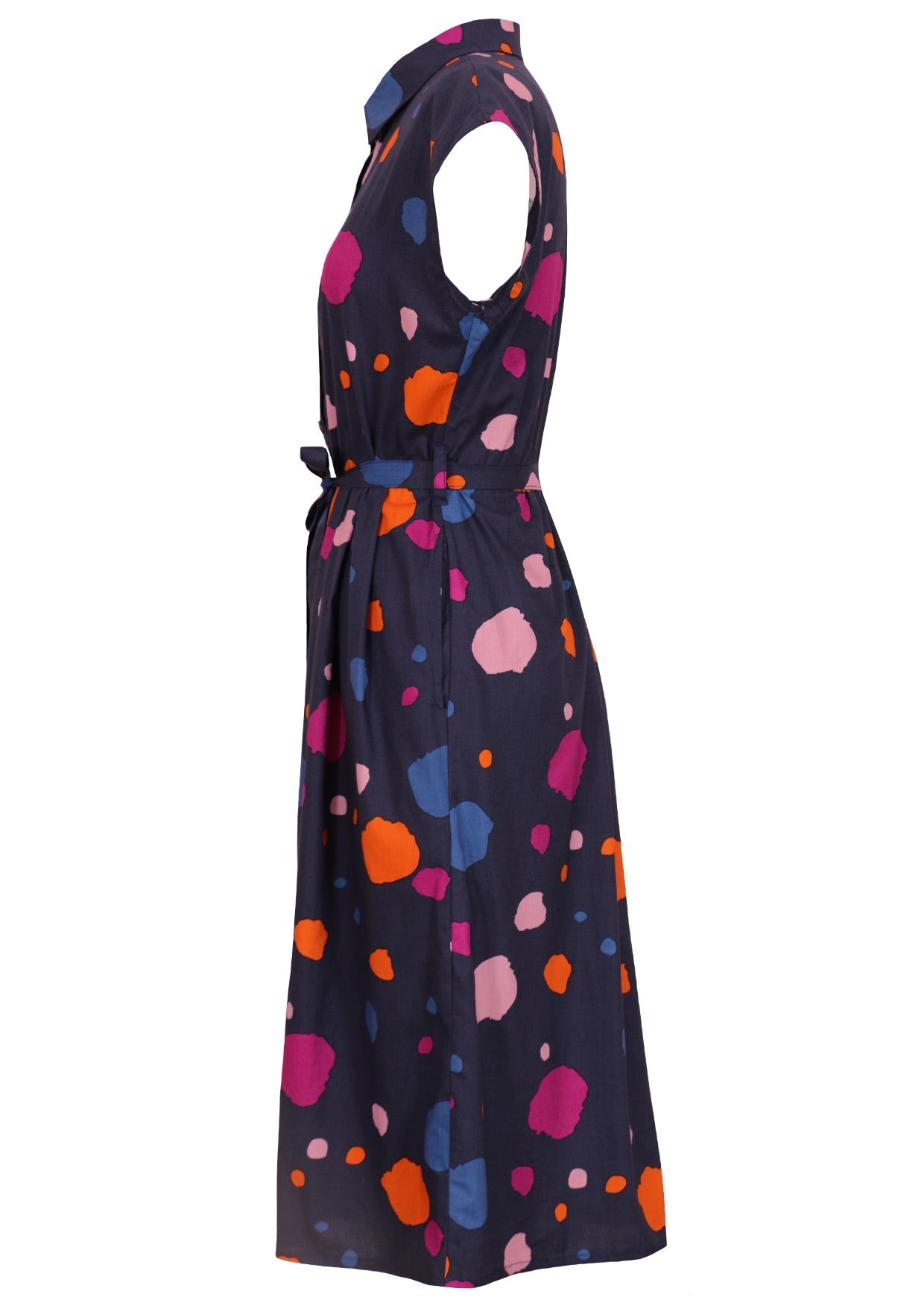 Navy based cotton dress with colourful abstract pattern, cap sleeves, hidden side pockets and waist tie