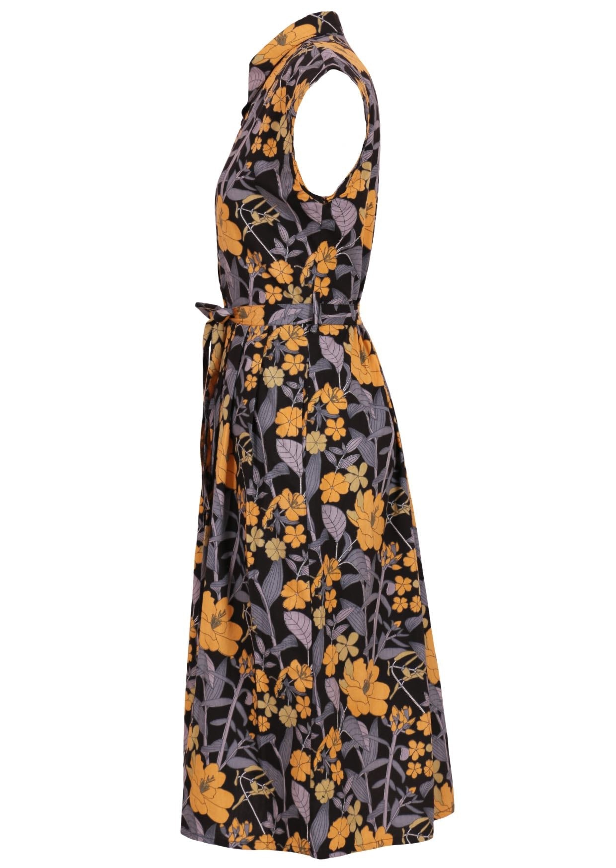 Side view of retro cotton dress with yellow and grey florals on black base with box pleats at the front, pockets, and fabric waist tie
